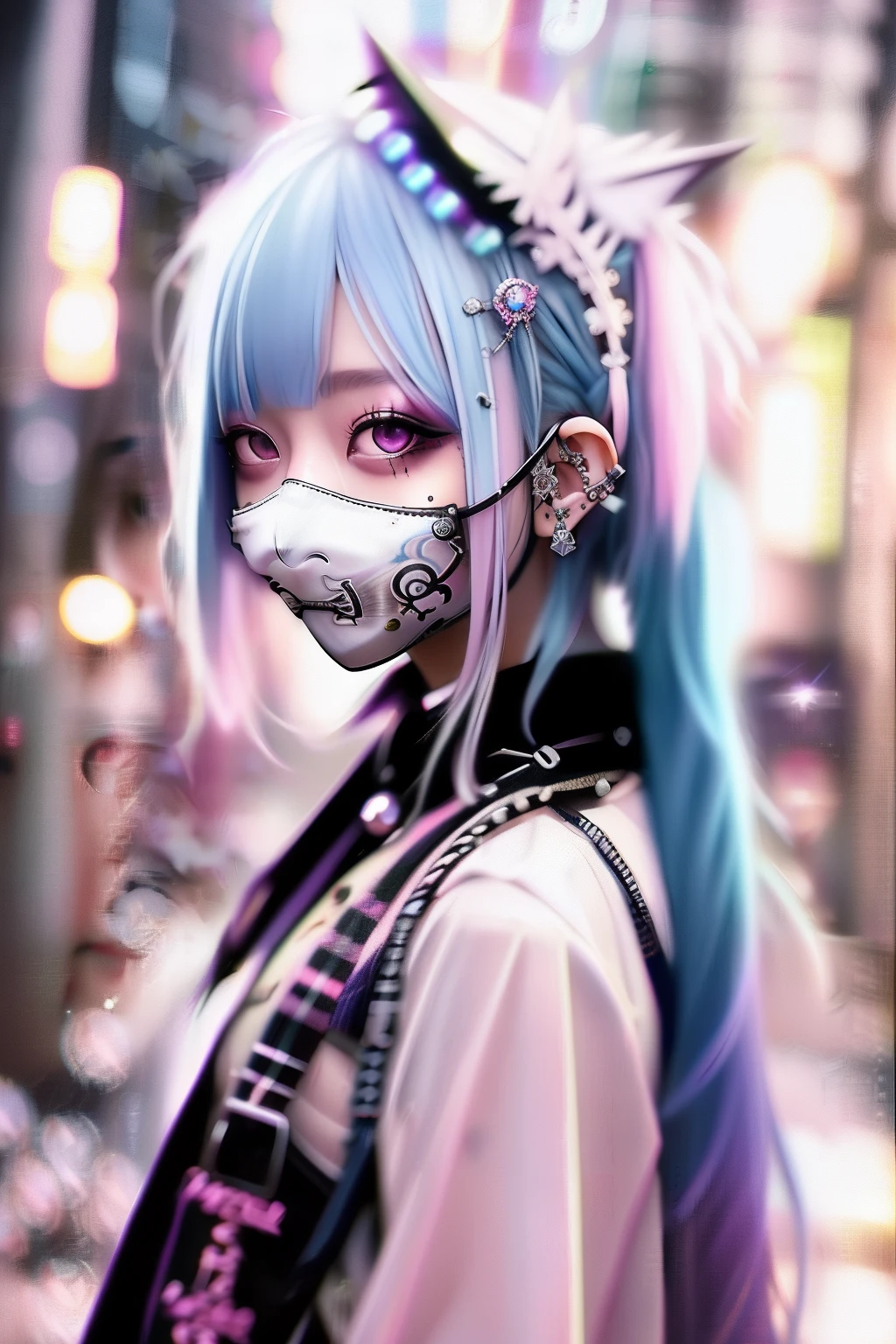 Pink hair、blue hairs、Colorful hair color、goth_punk, 1girl in, 独奏, medium shot, Walking in Harajuku, ((during night)), bokeh dof, Neon light, Iridescent eyes, starrysky, White shiny hair, White eyebrows, Radiant hair, (iridescent white hair), 耳Nipple Ring, bangss, jewely, masks, bluntbangs, verd s eyes, Mouth mask, blurry backround, bblurry, hair adornments, Look at viewers, shorth hair, portraitures, side locks