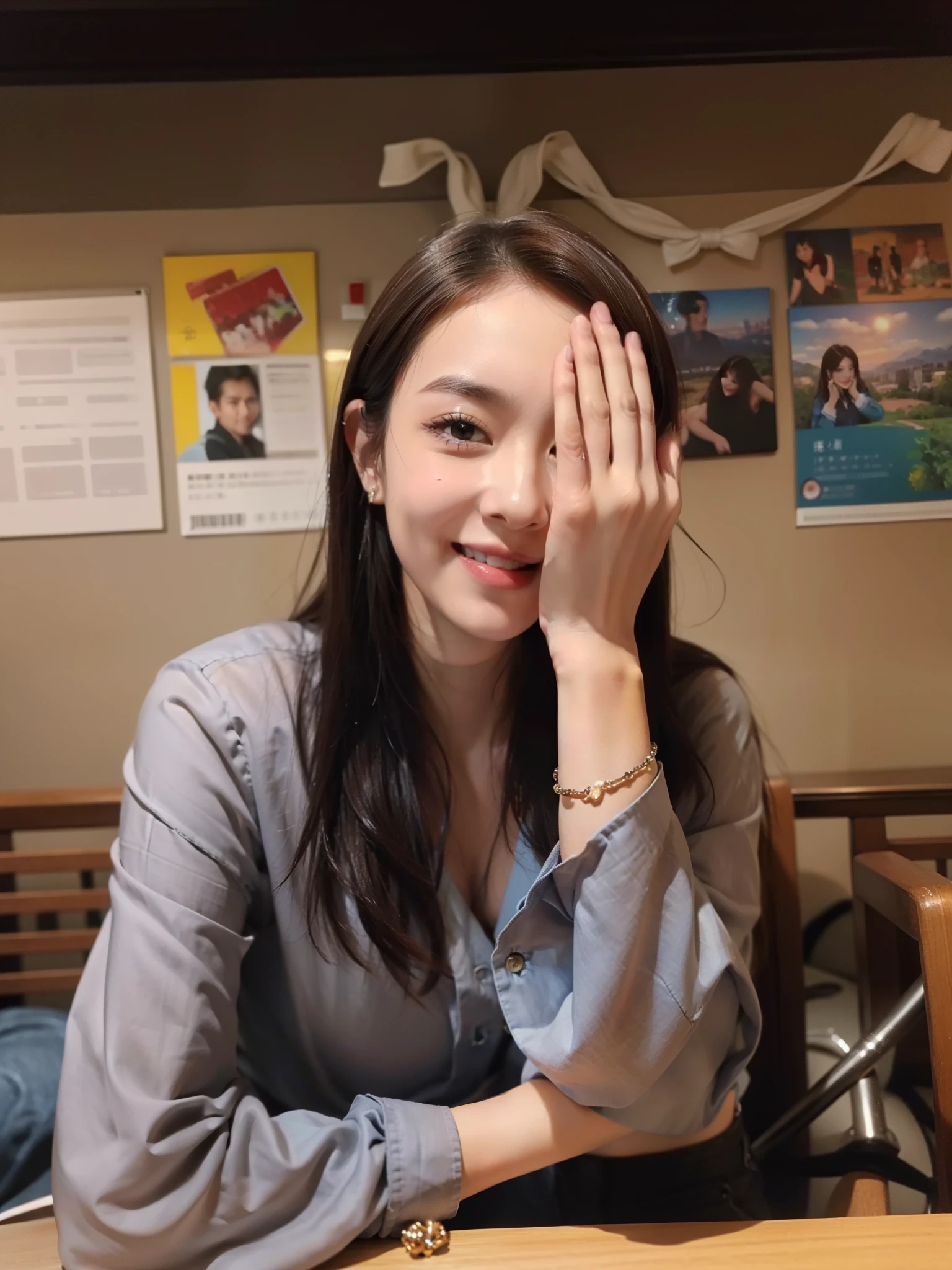 (top-quality、8k、masterpiece:1.3)、Beautiful Women in Perfect Figure:1.4、dark brown hair、extremely detailed face and skin、A detailed eye、二重まぶた、huge tit、a smile、g-cup