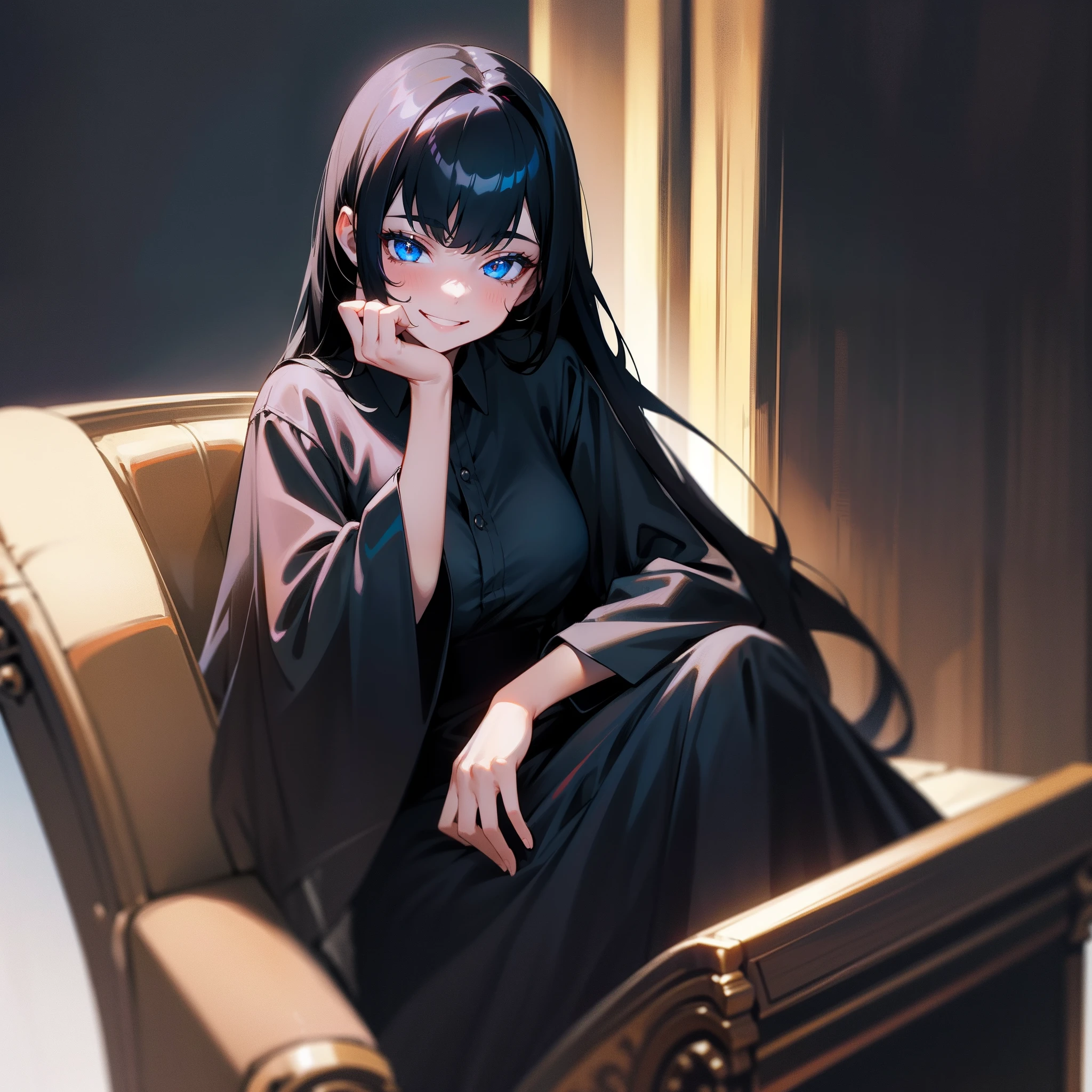 A grinning girl，Dark black hair，Bright blue eyes，Black velvet shirt，Black silk long dress，Sit in a chair in front of the camera，The girl holds her face in one hand，A teasing smile