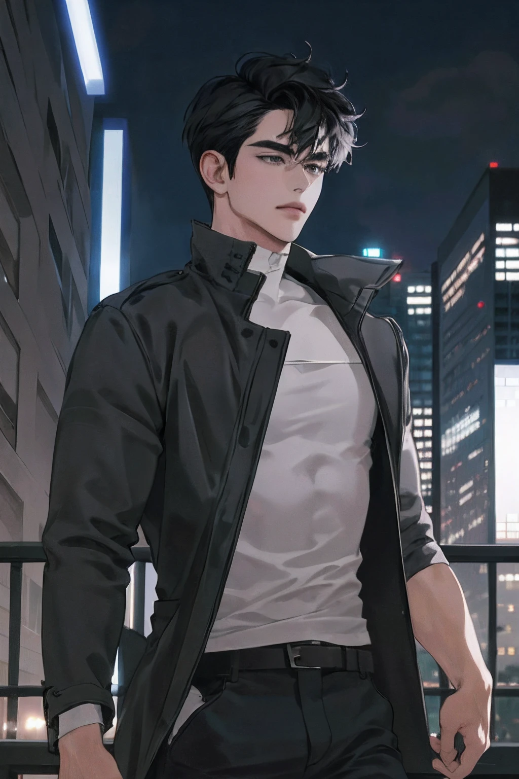 1man,masterpiece,best quality, ultra high res, dusk,cityscape,depth of field, short black messy hair, solo male
