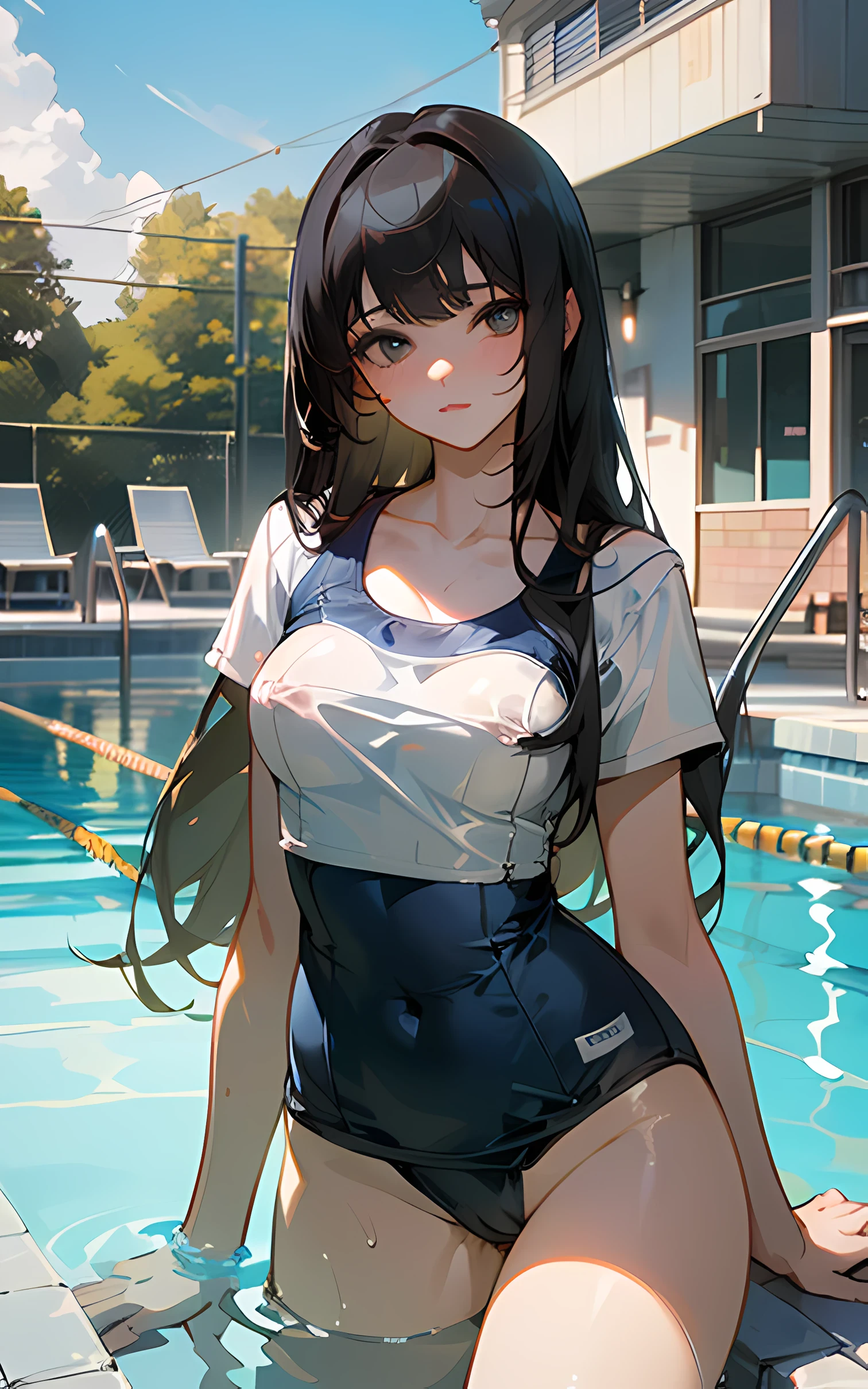 (Unity 16K Wallpaper, Masterpiece, Best Quality, Ultra-Detailed, Extremely Detailed CG, Caustics, Cinematic Lighting, Detailed, Beautiful Detailed Eyes, solo,pool side),Ultra High Resolution, fine skin、sexy,curby,nsfw,(school swimsuit:1.3), black hair, long hair, white tshirt, hot pants