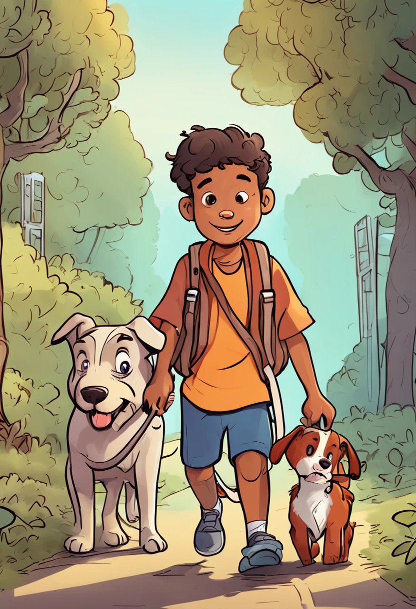 Cartoon boy with dog on a leash, Cartoon style illustration, Cartoon Illustration, childrens book illustration, in cartoon style, pet animal, illustration for children, dibujos animados infantiles, concept art of single boy, children illustration, cartoon still, Cartoon art, Ghibli-like colours