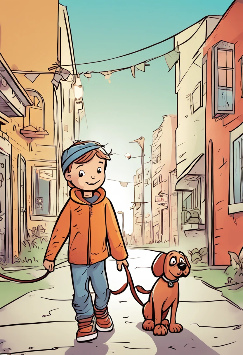 Cartoon boy with dog on a leash, Cartoon style illustration, Cartoon Illustration, childrens book illustration, in cartoon style, pet animal, illustration for children, dibujos animados infantiles, concept art of single boy, children illustration, cartoon still, Cartoon art, Ghibli-like colours