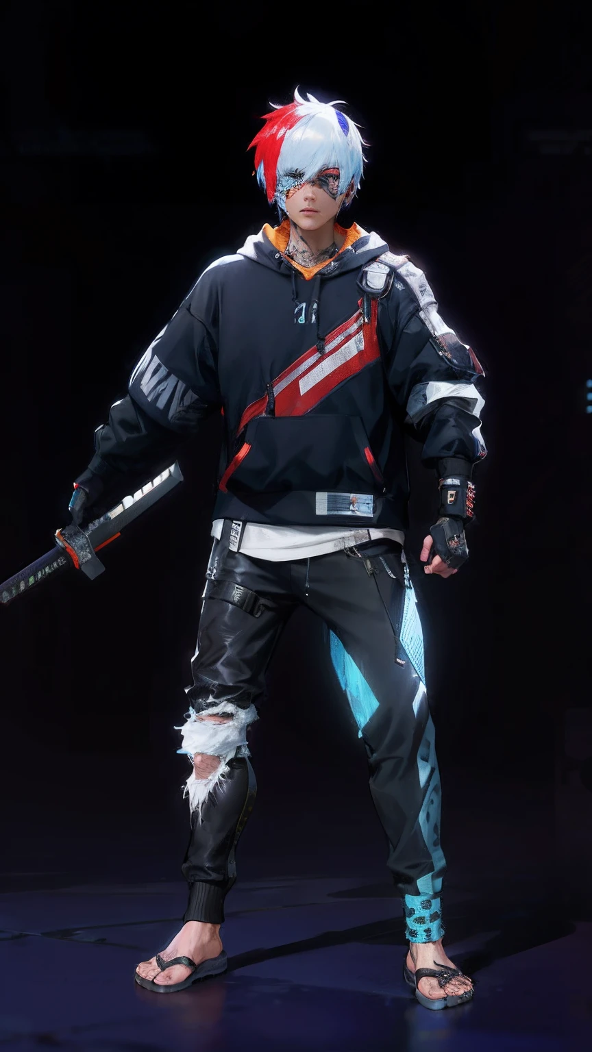 a close up of a person with a sword and a hoodie, mechanic punk outfit, cyberpunk street goon, complex outfit, in style of apex legends, lunar themed attire, full body picture, cyber punk setting, full body shot hyperdetailed, ingame image, multilayered outfit, cyberpunk streetwear, cyberpunk outfit, detailed full body concept, new character, chrome outfit