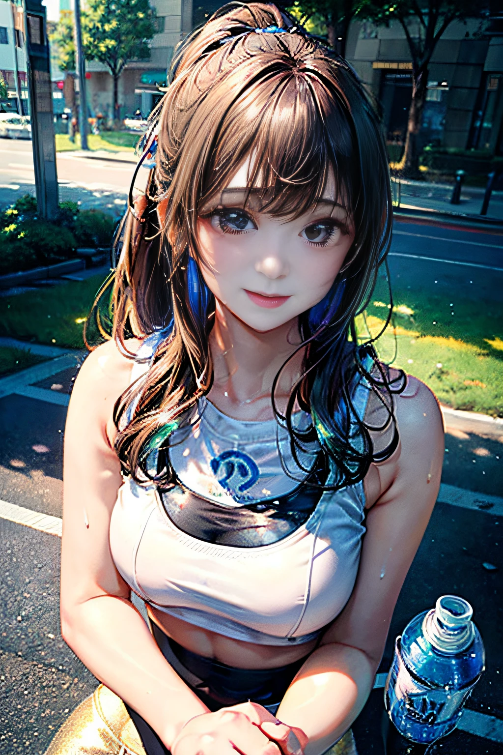 Girl running in the park,(((Drink bottled water))),Big balls of sweat,(Expressed with a glossy iridescent metallic luster、Bright sports bra and leggings.:1.3).Glossy light brown and orange striped shorthair,disheveled ponytail,Swaying breasts、Lovely woman,Perfect round face,A cheerful smile that makes the viewer happy,Proper body proportion,masutepiece,Super high-quality output images,hight resolution,Intricate details,Very delicate and beautiful hair,photographrealistic,Dreamy,Professional Lighting,realistic shadow,Solo Focus,Beautiful hands,Beautiful fingers,Detailed finger features,detailed clothes features,Detailed hair features,detailed facial features,