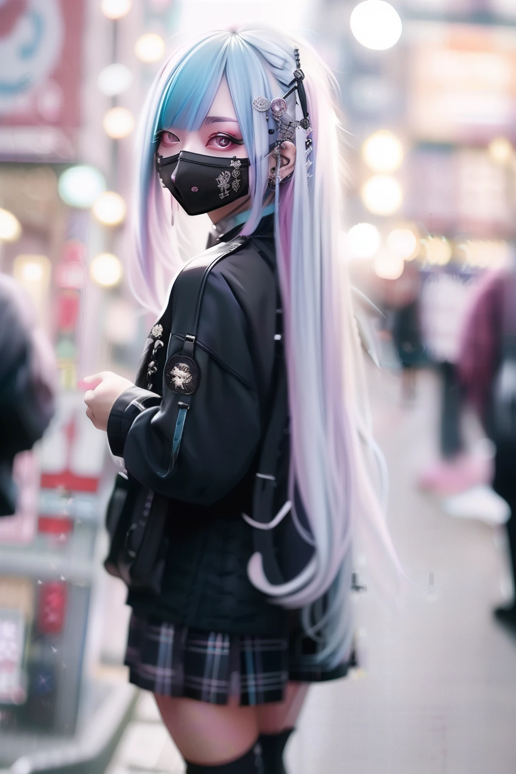 Pink hair、blue hairs、Colorful hair color、goth_punk, 1girl in, 独奏, medium shot, Walking in Harajuku, ((during night)), bokeh dof, Neon light, Iridescent eyes, starrysky, White shiny hair, White eyebrows, Radiant hair, (iridescent white hair), 耳Nipple Ring, bangss, jewely, masks, bluntbangs, verd s eyes, Mouth mask, blurry backround, bblurry, hair adornments, Look at viewers, shorth hair, portraitures, side locks