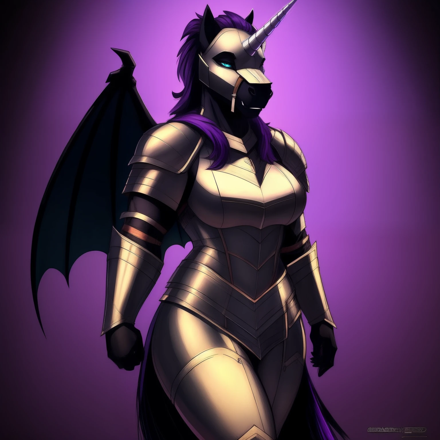 muscular_mature_horse female faded_dark_purple_mane ponytail black_furry_body teal_eyes cat_eyes solo Masterpiece best_quality absurdres highly_detailed cleanly_drawn_eyes heavy_plate_armor fangs bat_wings heavy_helmet purple_eyeshadow long_black_unicorn_horn horse_snout anthro_only seductive_gaze sultry by_claweddrip by_greasymojo by_underscore-b by_runawaystride