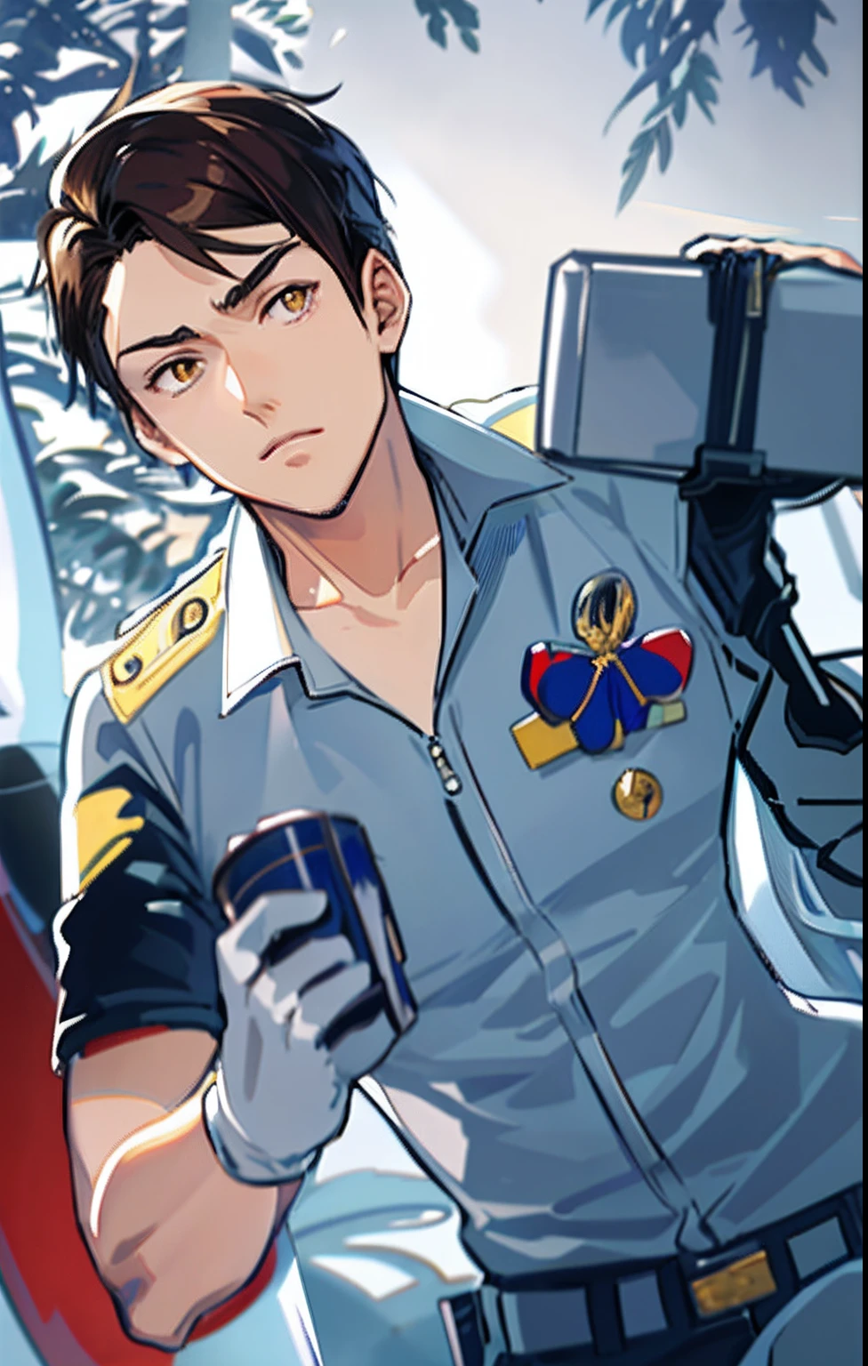 shigenori soejima illustration, kentaro miura manga art style, ig studios anime style, kentaro miura art style, phoenix wright, jotaro kujo, ace attorney style, rio de janeiro in an anime film, high quality fanart, art deco outrun anime aesthestic,  Indonesian Character From Hetalia Series, Gray Police Uniform, Yellow Eyes, Wear Black Gloves, Brown Hair, Comma Hair Hairstyle , Big Chest