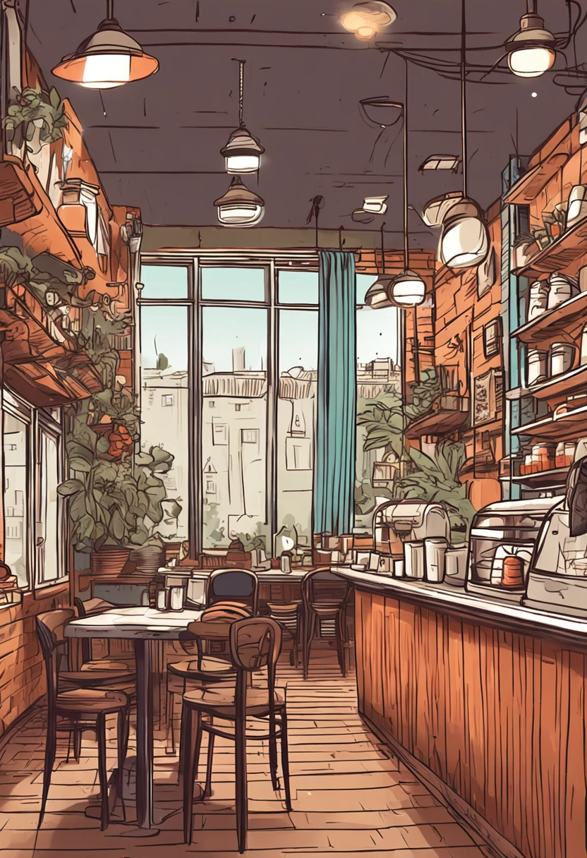 fashionable cafe、There is the warmth of wood、At home、Friendly atmosphere、shop front、The aroma of coffee wafts in the air、illustratio、handdraw、View from the front