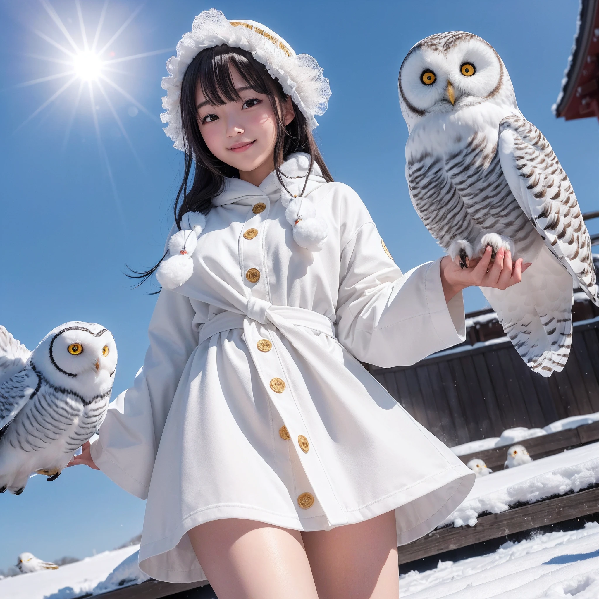 (8K、RAW Photos、top-quality、masterpiece:1.5)、(realisitic、Photorealsitic:1.5)、ultra-detailliert、超A high resolution、lighting like a movie、(((Idols who love snowy owls)))、(((Japan 16 year old girls)))、(((Wearing a cute costume with a snowy owl motif)))、(A lot of snowy owls:1.5)、cute smile face、Happy and energetic atmosphere、dynamic ungle、动态照明
