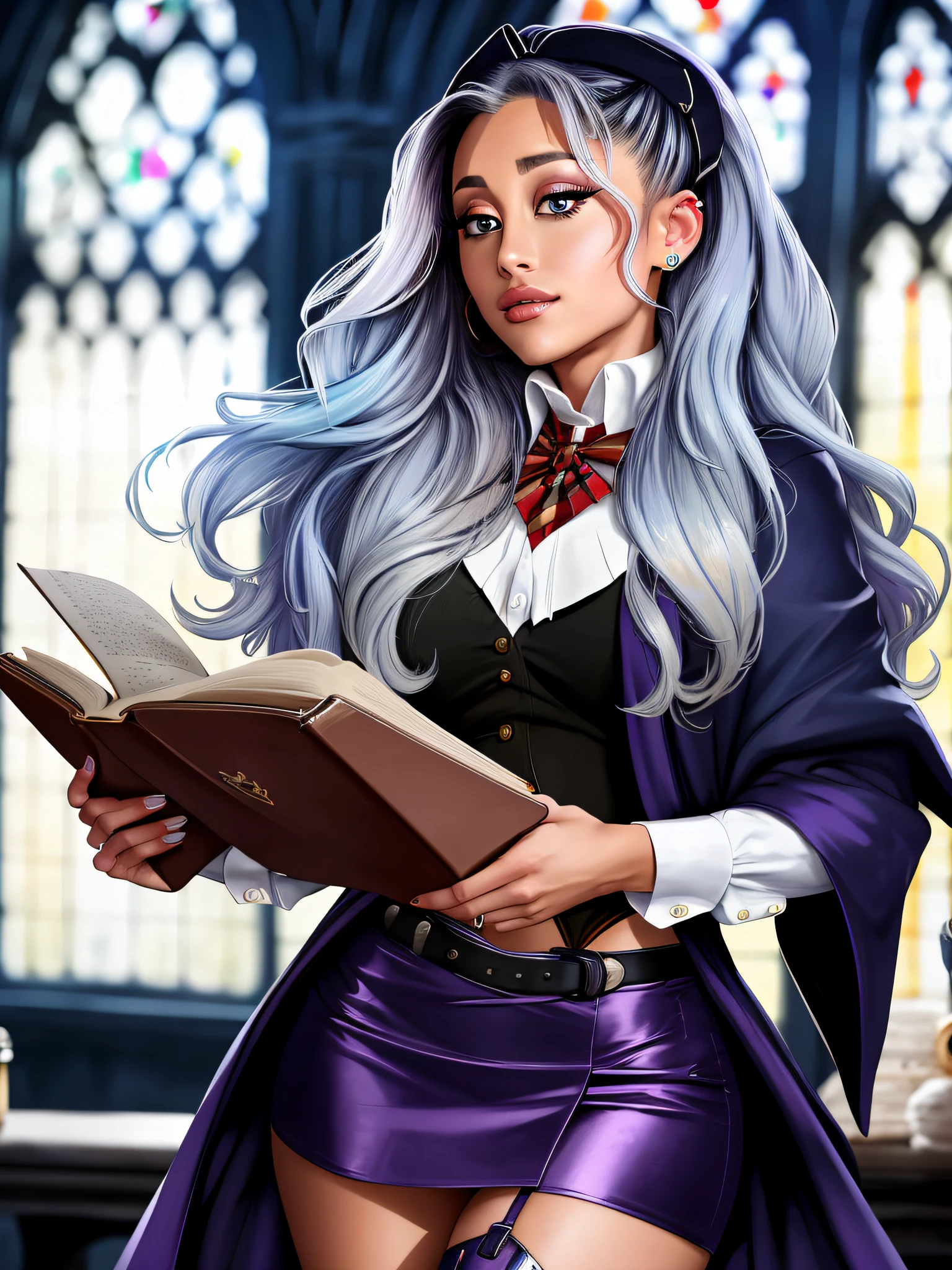 Ariana Grande, wavy hair, detailed alluring eyes, sexy legs, wearing blue mantle, mini skirt, gaiters, holding books, seductive, shapely, Hogwarts, best quality masterpiece, photorealistic, detailed, 8k, HDR, shallow depth of field, broad light, high contrast, backlighting, bloom, light sparkles, chromatic aberration, sharp focus, RAW color photo