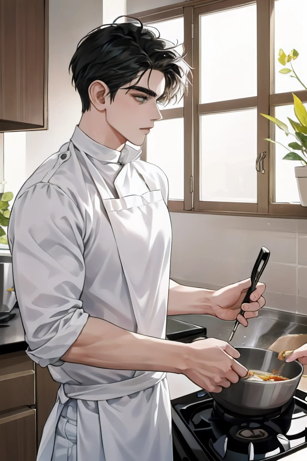 Un hombre hermoso y atractivo cocinando en una cocina