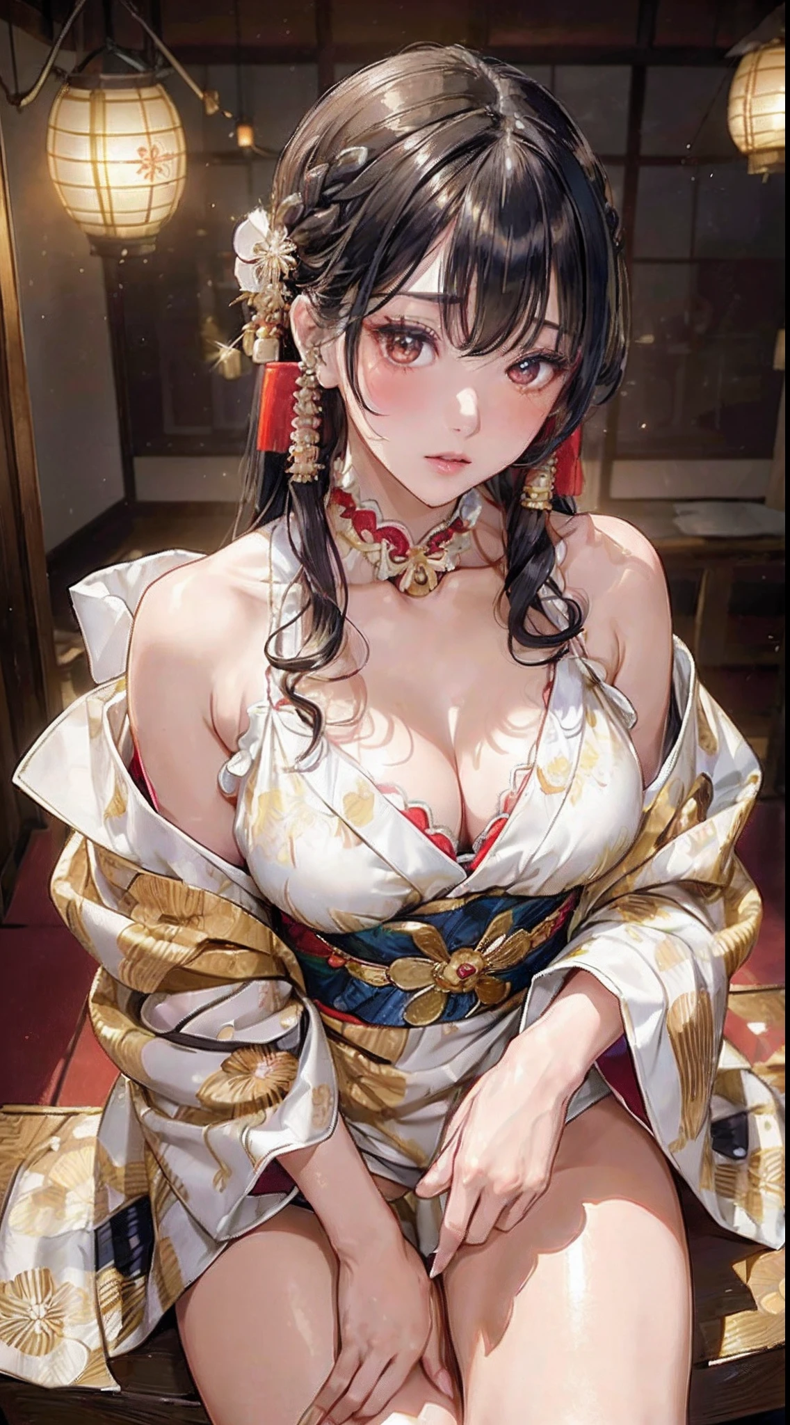 (花魁:1.4)、1girl in,Black hair fringe long hair、Braided hair、disheveled hair、Light brown eyes、(Detailed and well-proportioned eyes:1.4)、(Extraordinary beauty)、(dignified expression)、(Colorful traditional kimono, A shiny luxury Japan based on white:1.4)、(爆乳:1.4)、(Photorealsitic)、(intricate detailes:1.2)、(​masterpiece、:1.3)、(top-quality:1.4)、(超A high resolution:1.2)、超A high resolution、(A detailed eye)、(detailed facial features)、Wearing kimono_Clothes、(A dark room where only bedside lanterns shine:1.4)、(Dim bewitching room:1.4)、on the bed、(Are sleeping:1.4)、(Open your legs:1.3)、Emphasis on the thighs、(beauty legs:1.4)、(Micro bikini with cleavage emphasis:1.4)、(Show me your neck and shoulders:1.4)、(From  above:1.3)、(Exposed neck and shoulders:1.5)