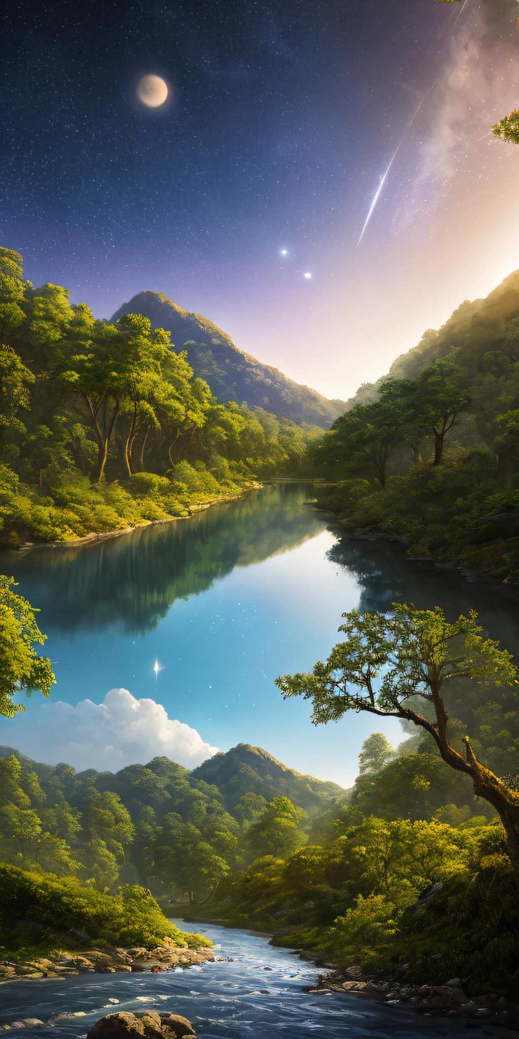 Illustration of a hyperrealistic , otherworldly, ultrasky scene featuring a giant crystal tree full body,very detailed and magical lighting, intricate forest details, vegetation and river around, solarpunk ,landscape, giant tree, beatifull leafy with beautiful lighting and realistic proportions, as if it were a cinematic background, 8k, highest quality, masterpiece, clouds and stars in the sky.