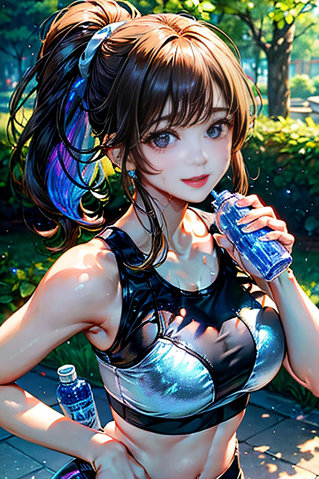 Girl running in the park,(((Drink bottled water))),Big balls of sweat,(Expressed with a glossy iridescent metallic luster、Bright sports bra and leggings.:1.3).Glossy light brown and orange striped shorthair,disheveled ponytail,Swaying breasts、Lovely woman,Perfect round face,A cheerful smile that makes the viewer happy,Proper body proportion,masutepiece,Super high-quality output images,hight resolution,Intricate details,Very delicate and beautiful hair,photographrealistic,Dreamy,Professional Lighting,realistic shadow,Solo Focus,Beautiful hands,Beautiful fingers,Detailed finger features,detailed clothes features,Detailed hair features,detailed facial features,
