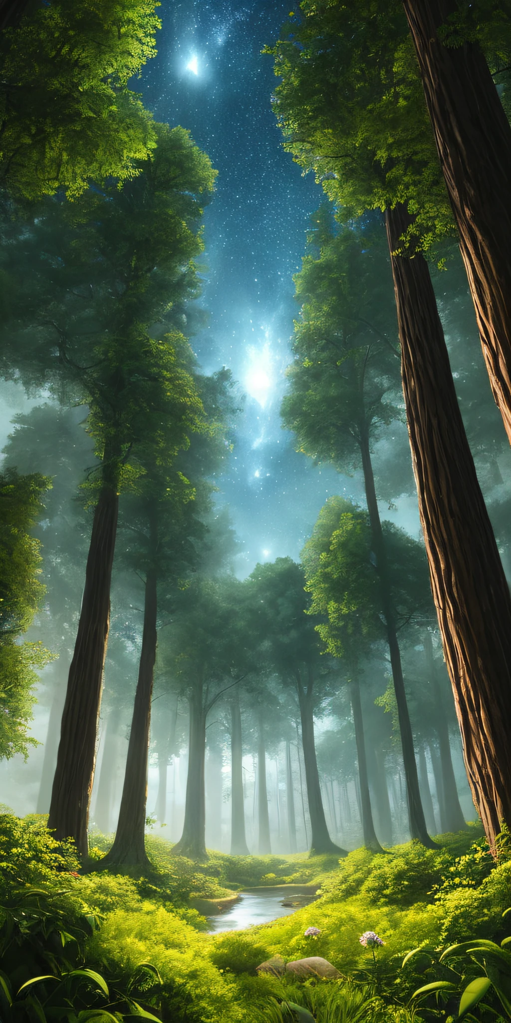 Illustration of a hyperrealistic , otherworldly, ultrasky scene featuring a giant crystal tree full body,very detailed and magical lighting, intricate forest details, vegetation and river around, solarpunk ,landscape, giant tree, beatifull leafy with beautiful lighting and realistic proportions, as if it were a cinematic background, 8k, highest quality, masterpiece, clouds and stars in the sky.