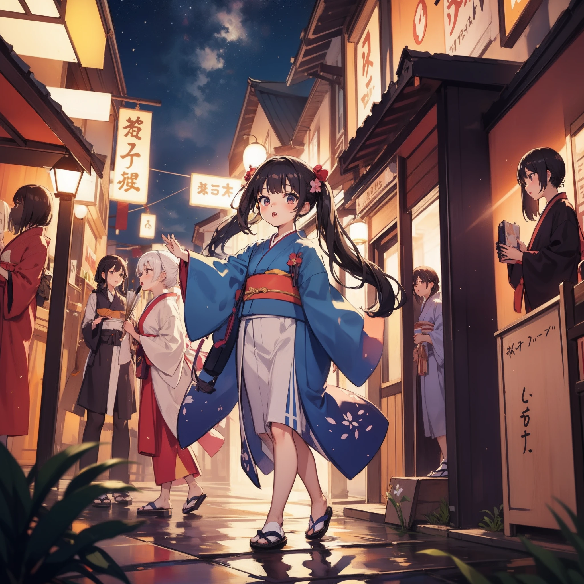 Chibi:1.8,girls,Kimono,Girl in Yukata,Blowing in the wind,Summer Festivals,BREAK night:1.5,food stand,scenery reflected in the water,BREAK Spirit Stream,Big Fireworks:1.7,Fireworks in the night sky:1.8,poney Tail,action:1.6,BREAK dynamic pose,dynamic angle,ground-level shot,low angle,full body shot,long shot,BREAK (masutepiece: 1.3), (exquisite detailing: 1.2), Delicate and beautiful details, (Eye Detail), (Facial Detailed), (Highest Quality) :1.4), (Hyper-Resolution: 1.2), (very detailed illustration),Best Quality,depth of fields, Wide light, natural shadows