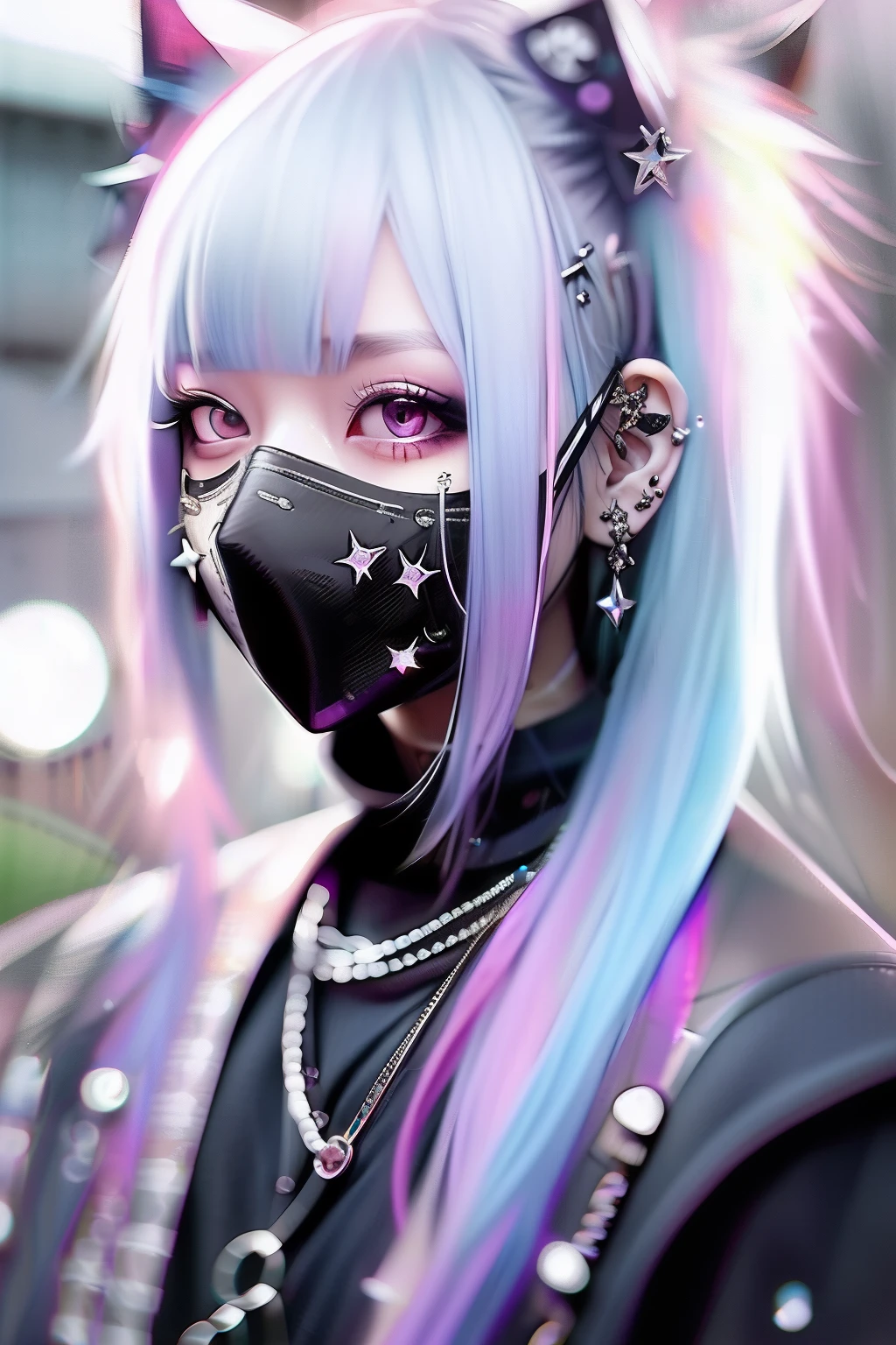 Pink hair、blue hairs、Colorful hair color、goth_punk, 1girl in, 独奏, medium shot, Walking in Harajuku, ((during night)), bokeh dof, Neon light, Iridescent eyes, starrysky, White shiny hair, White eyebrows, Radiant hair, (iridescent white hair), 耳Nipple Ring, bangss, jewely, masks, bluntbangs, verd s eyes, Mouth mask, blurry backround, bblurry, hair adornments, Look at viewers, shorth hair, portraitures, side locks