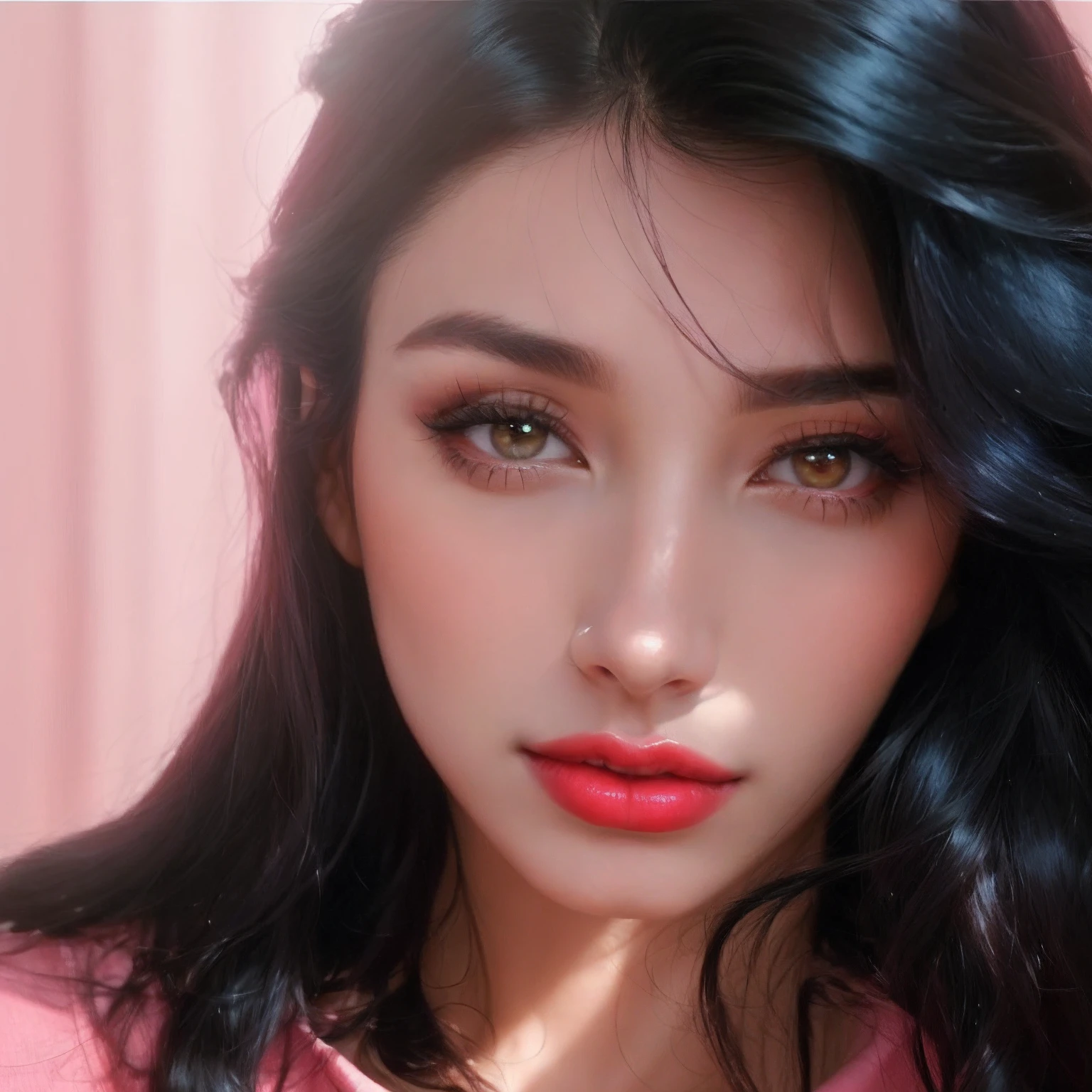 (qualidade 8k ), ( melhor qualidade ), ( UHD ), ( Anatomia do personagem perfeita ), ( perfect lighting ), ( Detalhamentos perfeitos ), ( Detalhes do personagem perfeitos ), ( Details of the perfect setting ), ( obra prima ), ( Simetria do rosto do personagem perfeito ), ( Construction of the perfect female character ), There is a beautiful woman with long bluish black hair and a pink shirt, pink lips, imagem de perfil, Foto do perfil, olhar bonito, lindo, rosto lindo, thick red lips, stylish sexy lips, Serena Malyon, deslumbrante lindo