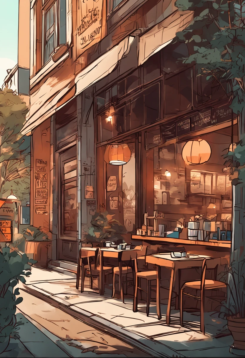 fashionable cafe、There is the warmth of wood、At home、Friendly atmosphere、shop front、The aroma of coffee wafts in the air、illustratio、handdraw、View from the front、inside restaurant