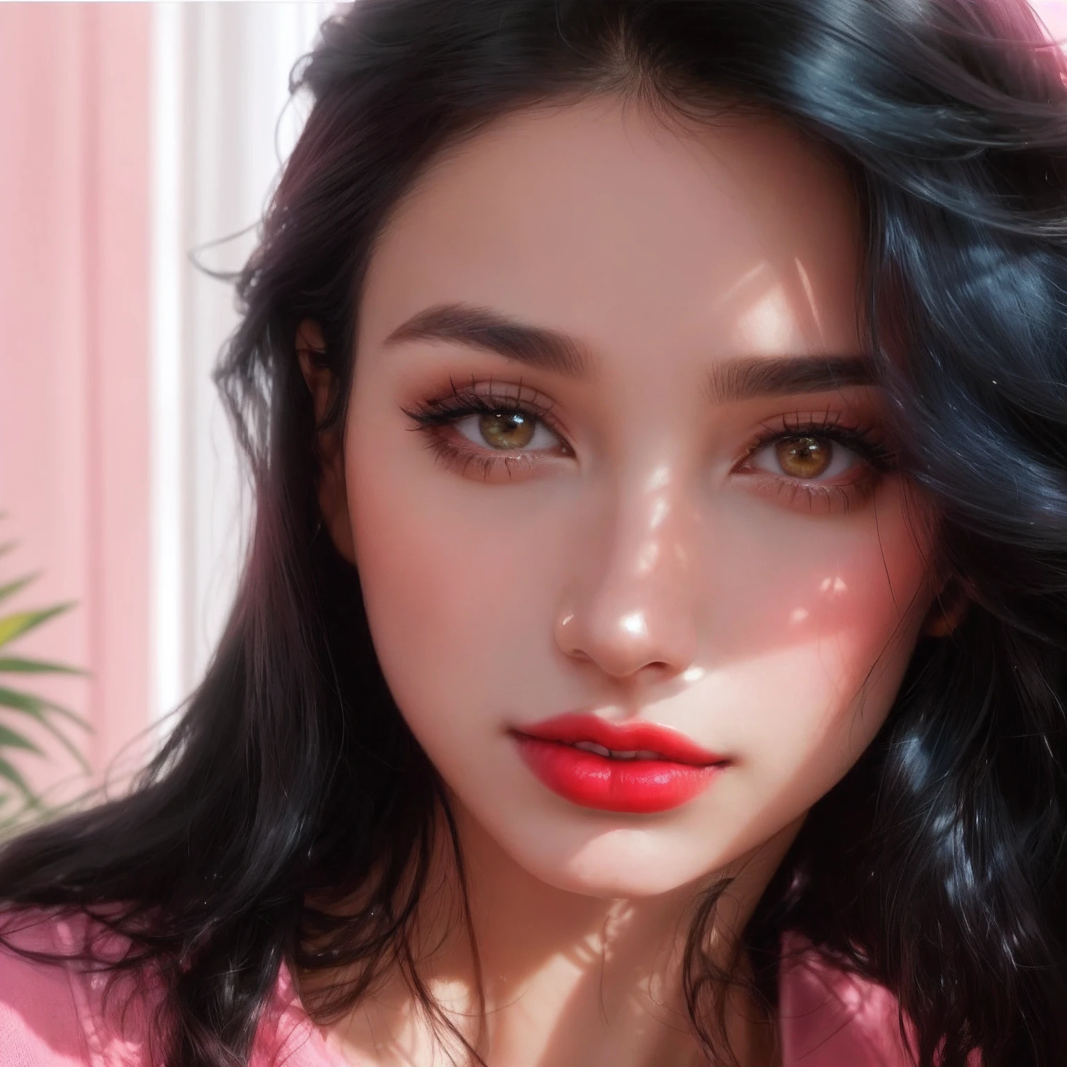 (qualidade 8k ), ( melhor qualidade ), ( UHD ), ( Anatomia do personagem perfeita ), ( perfect lighting ), ( Detalhamentos perfeitos ), ( Detalhes do personagem perfeitos ), ( Details of the perfect setting ), ( obra prima ), ( Simetria do rosto do personagem perfeito ), ( Construction of the perfect female character ), There is a beautiful woman with long bluish black hair and a pink shirt, pink lips, imagem de perfil, Foto do perfil, olhar bonito, lindo, rosto lindo, thick red lips, stylish sexy lips, Serena Malyon, deslumbrante lindo