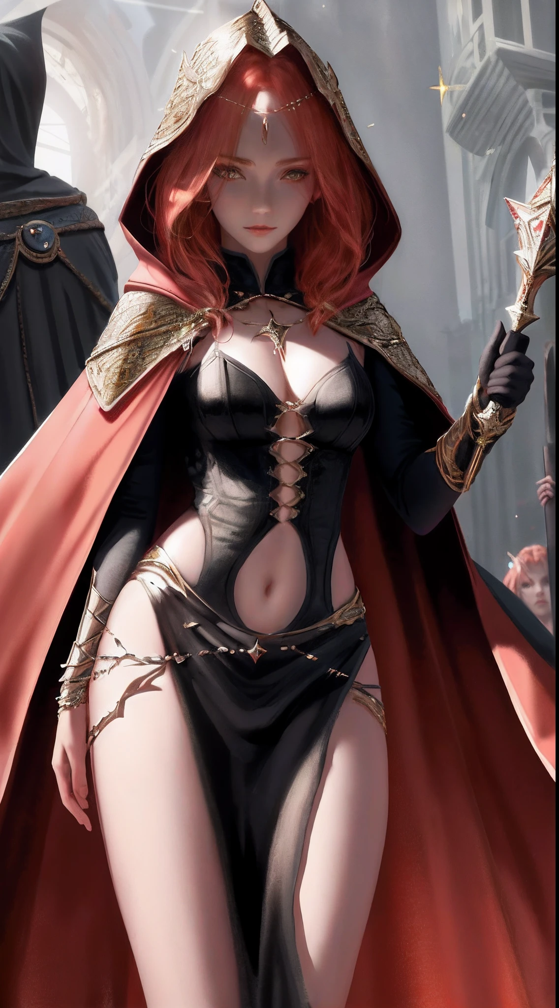 （detailedeyes：1.3）， （Detailed body：1.3）， （Detailed face：1.3）， （perfect hand：1.3） （1girll， sorceress woman， flowing ginger hair， Dirty skin， Long hooded cape，Silk dress,  Bared legs，open waist ）， Face highlights， Raised sexy， Cleavage is seductive， smooth thigh， paleskin， beatiful detailed eyes， beautiful  detailed face， Red glow， shadowing， starrysky， starlights， the night，magia，Corruption