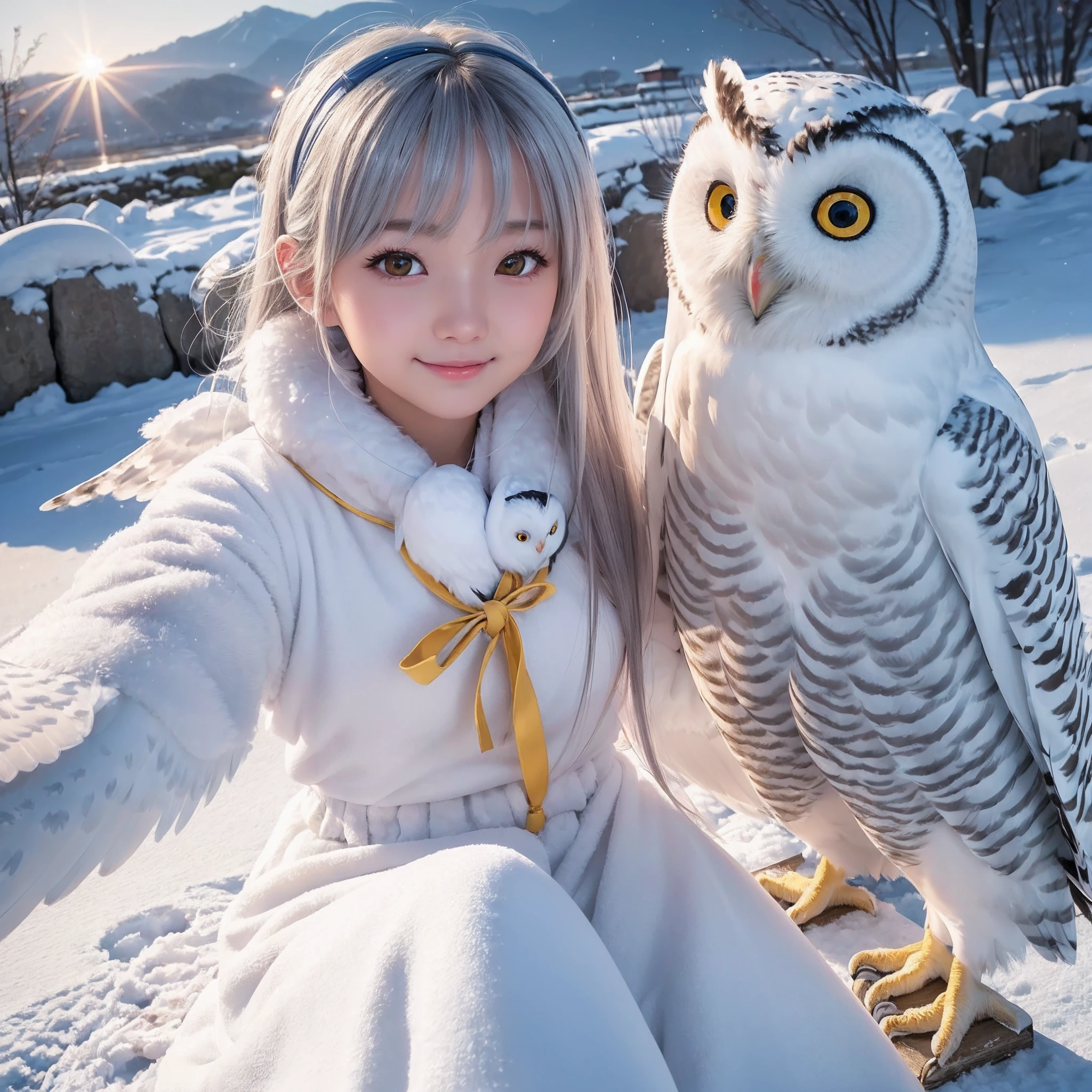 (8K、RAW Photos、top-quality、​masterpiece:1.5)、(realisitic、Photorealsitic:1.5)、ultra-detailliert、超A high resolution、lighting like a movie、(((Idols who love snowy owls)))、(((Japan 16 year old girls)))、(((Wearing a cute costume with a snowy owl motif)))、(A lot of snowy owls:1.5)、cute smile face、Happy and energetic atmosphere、dynamic ungle、动态照明