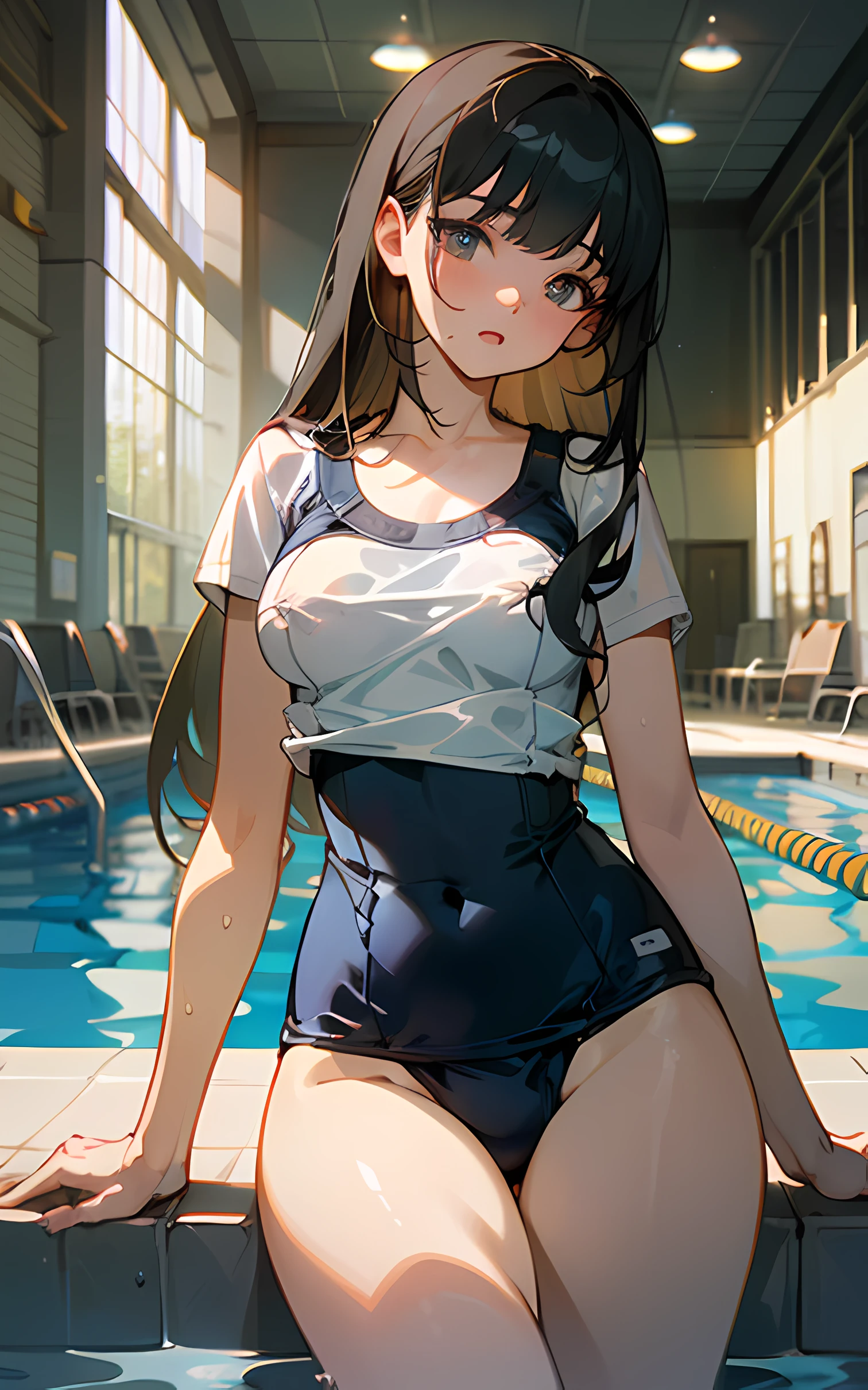 (Unity 16K Wallpaper, Masterpiece, Best Quality, Ultra-Detailed, Extremely Detailed CG, Caustics, Cinematic Lighting, Detailed, Beautiful Detailed Eyes, solo,pool side),Ultra High Resolution, fine skin、sexy,curby,nsfw,(school swimsuit:1.3), black hair, long hair, white tshirt, hot pants