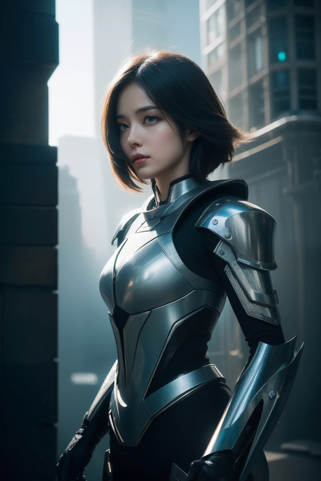 best quality,masterpiece,realistic,Bokeh,1girl,cinematic_lighting,lens_flare,reality_ray_tracing,fantasyArt,Kinetic Art,cinematic,cyberpunk,DigitalArt,absurdres,incredibly_absurdres,official_style,white skin,mecha musume,cyborg,gradient hair,one side up,cathedral,8  Bit  Game,Magic  Vortex,cowboy_shot,adjusting gloves,