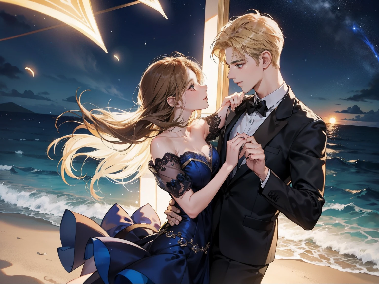 Romantic couple look at each other,blonde-haired boy,Girl with brown hair,glowing stars,Glow effects,Heart-shaped bubbles,the night,On a cruise ship,The face is clear and accurate,detail in face,super-fine,beachside,16K resolution,high qulity,High picture detail,dynamic viewing angle,Detailed pubic hair,Epic shooting,oc rendered, dancing floor, guy in black suit, girl in blue dress.