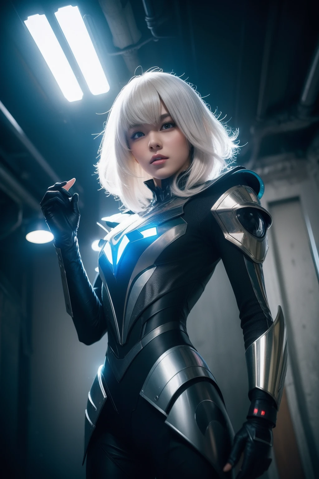 best quality,masterpiece,realistic,Bokeh,1girl,cinematic_lighting,lens_flare,reality_ray_tracing,fantasyArt,Kinetic Art,cinematic,cyberpunk,DigitalArt,absurdres,incredibly_absurdres,official_style,white skin,mecha musume,cyborg,gradient hair,one side up,cathedral,8 Bit Game,Magic Vortex,cowboy_shot,adjusting gloves,