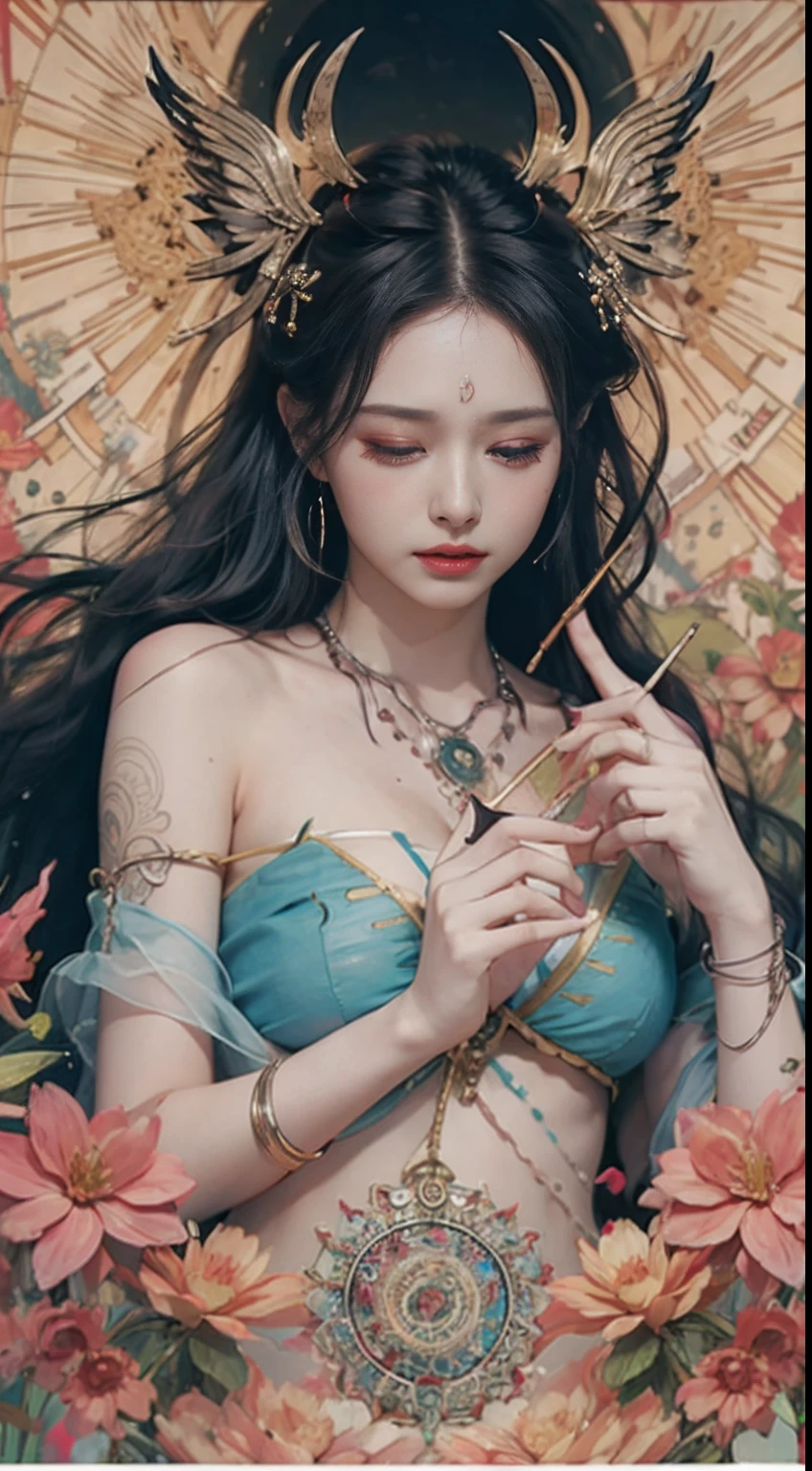 Official art, Unity 8k壁纸, ultra-detailliert, Beautiful and aesthetic, Beautiful, masutepiece, Best Quality, (Zentangle, mandalas, Tangle, Entangle), Dynamic Angle, cowboyshot, Most Beautiful Form of Chaos, Elegant, a brutalist designed, vivd colour, romanticism, by james jean, roby dwi antono, by Ross Tran, Francis Bacon, michal mraz, Adrian Ghenny, petra cortright, Gerhard Richter, Takato Yamamoto, Ashley Wood, Atmospheric, enjoying a stream of music, where you can visualize the notes, ecstasy of musical notes, streaming musical notes visible, Naked,