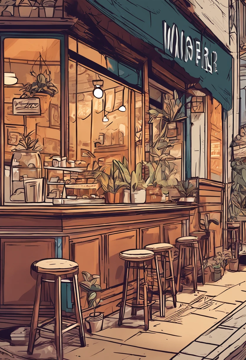 fashionable cafe、There is the warmth of wood、At home、Friendly atmosphere、shop front、The aroma of coffee wafts in the air、illustratio、handdraw、View from the front、Inside the restaurant、In front of the counter
