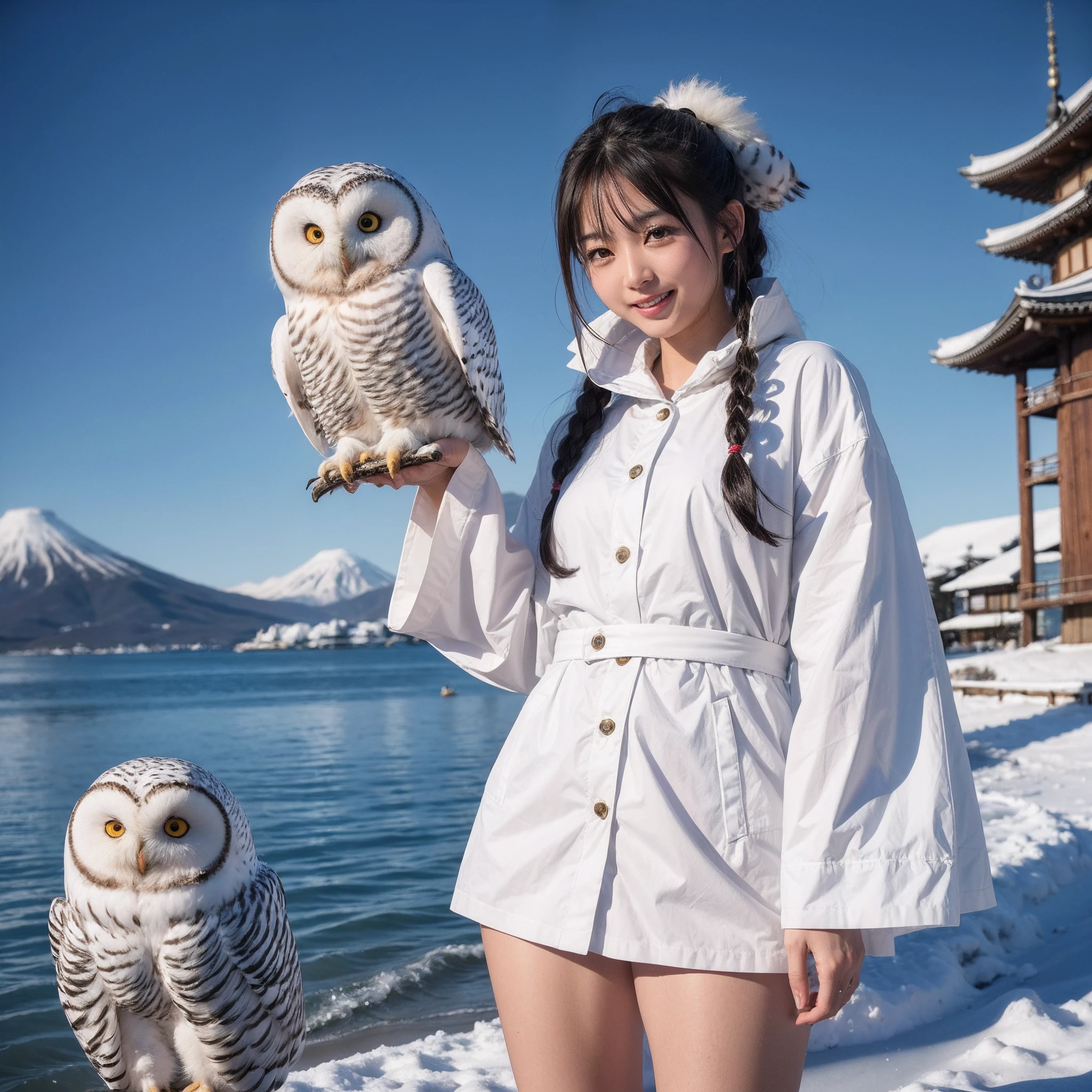 (8K、RAW Photos、top-quality、​masterpiece:1.5)、(realisitic、Photorealsitic:1.5)、ultra-detailliert、超A high resolution、lighting like a movie、(((Idols who love snowy owls)))、(((Japan 16 year old girls)))、(((Wearing a cute costume with a snowy owl motif)))、(A lot of snowy owls:1.5)、cute smile face、Happy and energetic atmosphere、dynamic ungle、动态照明