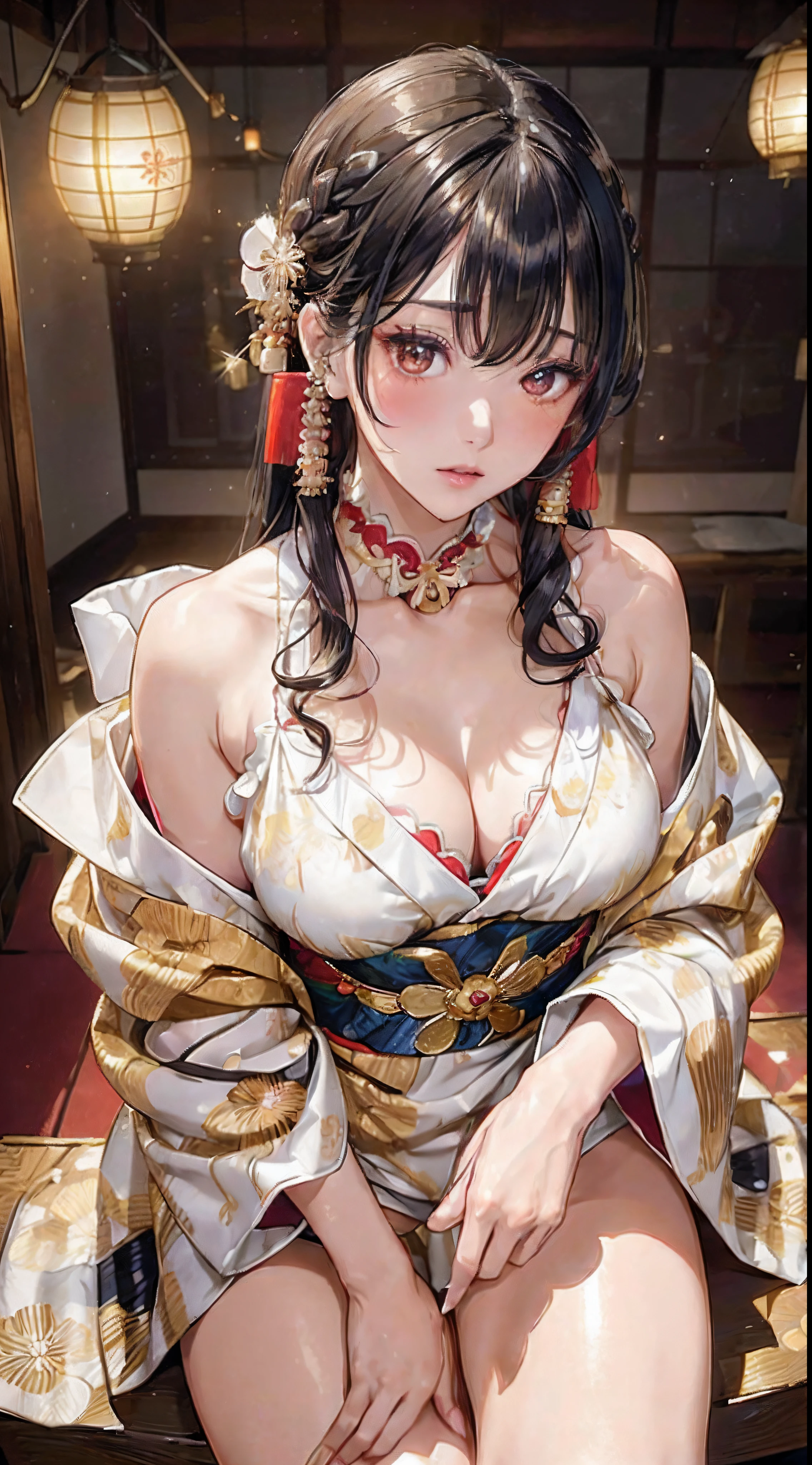 (花魁:1.4)、1girl in,Black hair fringe long hair、Braided hair、disheveled hair、Light brown eyes、(Detailed and well-proportioned eyes:1.4)、(Extraordinary beauty)、(dignified expression)、(Colorful traditional kimono, A shiny luxury Japan based on white:1.4)、(爆乳:1.4)、(Photorealsitic)、(intricate detailes:1.2)、(masterpiece、:1.3)、(top-quality:1.4)、(超A high resolution:1.2)、超A high resolution、(A detailed eye)、(detailed facial features)、Wearing kimono_Clothes、(A dark room where only bedside lanterns shine:1.4)、(Dim bewitching room:1.4)、on the bed、(Are sleeping:1.4)、(Open your legs:1.3)、Emphasis on the thighs、(beauty legs:1.4)、(Micro bikini with cleavage emphasis:1.4)、(Show me your neck and shoulders:1.4)、(From above:1.3)、(Exposed neck and shoulders:1.5)