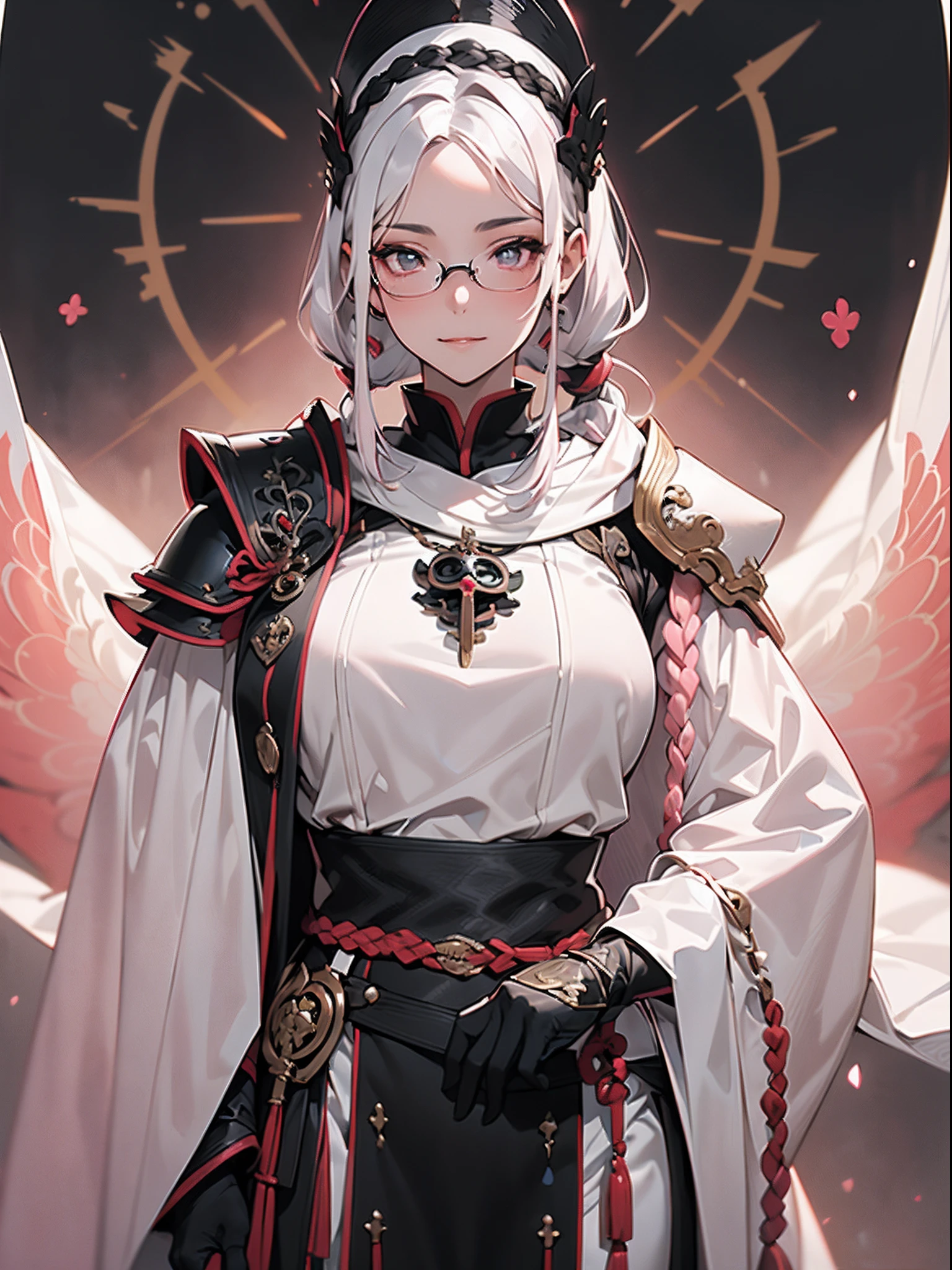 Fantasy,1girl in,beautiful a girl,((Long hair in pink braids)),Beautiful detailed lovely big eyes,((onmyouji)),((suikan)),armor,(Large white cloak with red decoration),(((Black Gauntlet))),(((Black Gloves))),eye glasses,(happy)