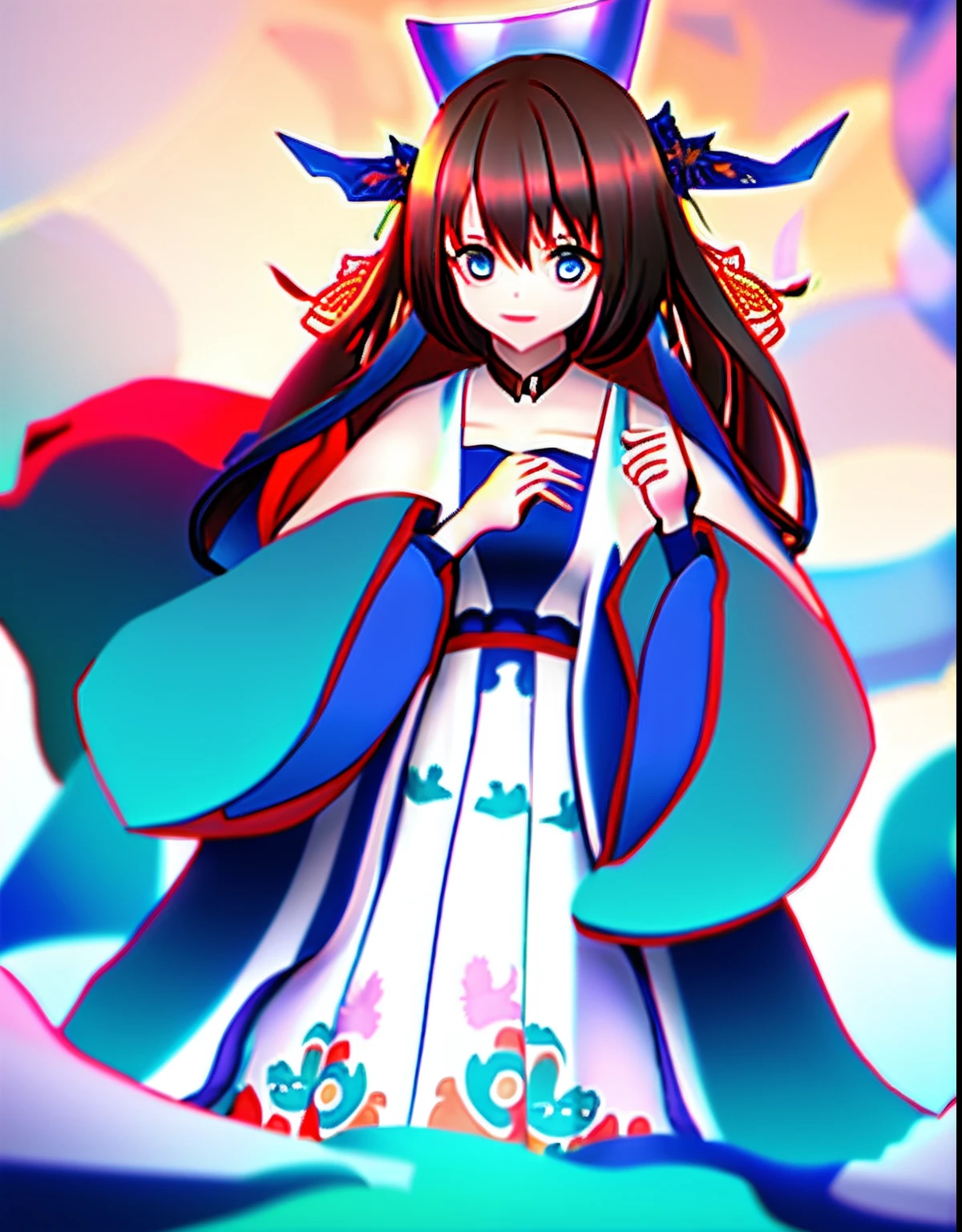 hanfugirl，Blue and white gradient clothes，rich details​，brunette color hair，