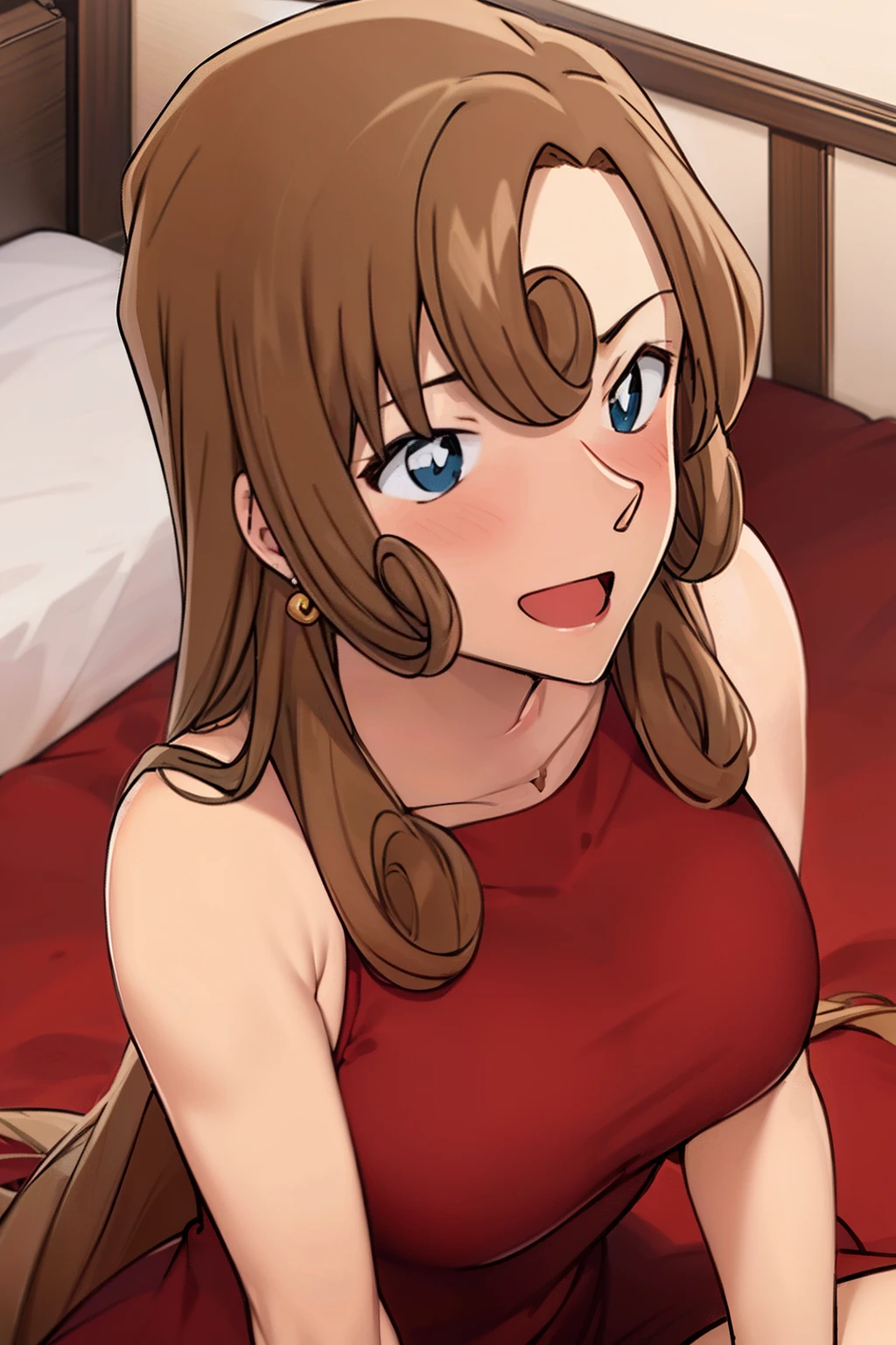 Masterpiece,Best quality,High quality,1girll, Long hair,Medium breasts,nose blush,Sleeveless dress,Earrings, Bedrooms，sobu，Sit on the bed，cheerfulness,perspire，Be red in the face，The blush is red，sexyposture