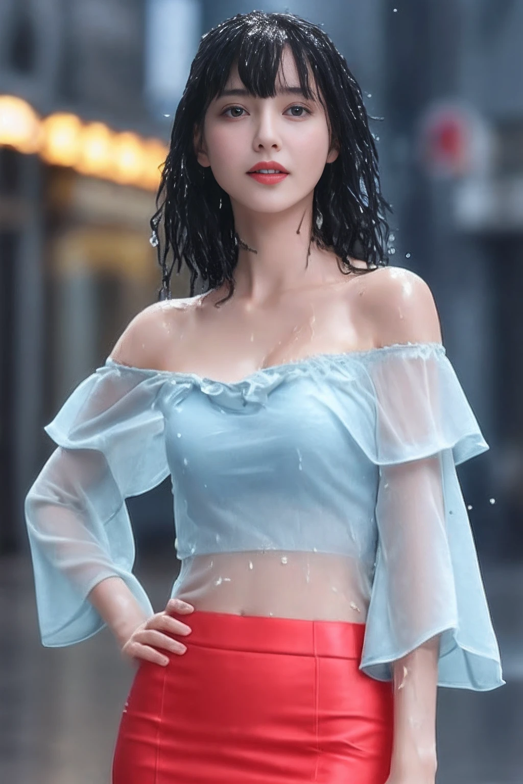 ((1 female: 1.5)), (anatomically correct proportions), (sexy proportions), ((sexy poses)), ((whole body: 2)), detailed face, detailed hair, Detailed skin, ((small face: 1.2)), thin waist, (large breasts), ((short torso)), ((1 screen)), 8K, RAW shot, highest quality, ((masterpiece)) , realistic photo, shot above the knee, (beautiful face like a Japanese actress), 18-year-old beauty, (((raining city street in the near future: 1.5))), (neon sign In a beautiful city: 1.5), ((beautiful woman standing in the rain)), ((body is soaking wet)), (((sheer off-shoulder blouse is (wet)))), ((wet (Sticking to the skin) off-shoulder blouse: 1.5)), ((body-fitting off-shoulder blouse)), ((no bra: 1.5)), (((nipple shadow: 1.5))), (( light-colored blouse)), ((tight skirt is (wet): 1.5)), (((wet hair: 1.8))), (((wet bangs: 1.8))), (sad expression)