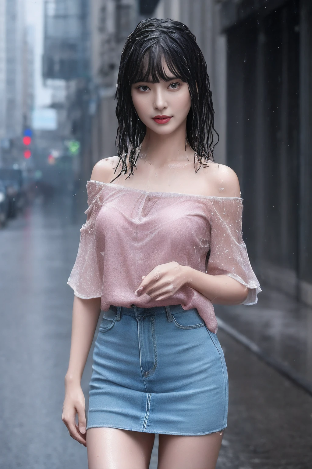 20 year old surreal idol, ultra-thin sleeveless maxi dress, nipple ring, smiling smile, short layer hair, walking without noticing the camera, city in heavy rain, wet from rain, wet clothes stuck to body, RAW,(8k, best quality, masterpiece: 1.2),(intricate detail: 1.4),(photorealistic:1.4),octane rendering, complex 3D rendering ultra detail, studio soft light, rim light, vivid detail, super detail, realistic skin texture, detail face, beautiful detail eyes, very detailed CG Unity 8k wallpaper, makeup, (detailed background: 1.2),