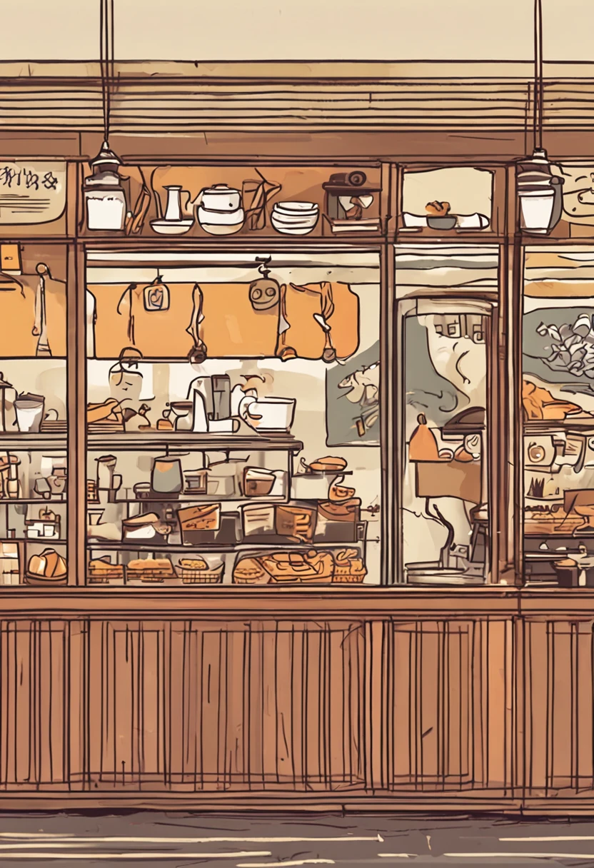 fashionable cafe、There is the warmth of wood、Friendly atmosphere、The aroma of coffee wafts in the air、illustratio、handdraw、View from the front、Inside the shop、In front of the counter、counter、