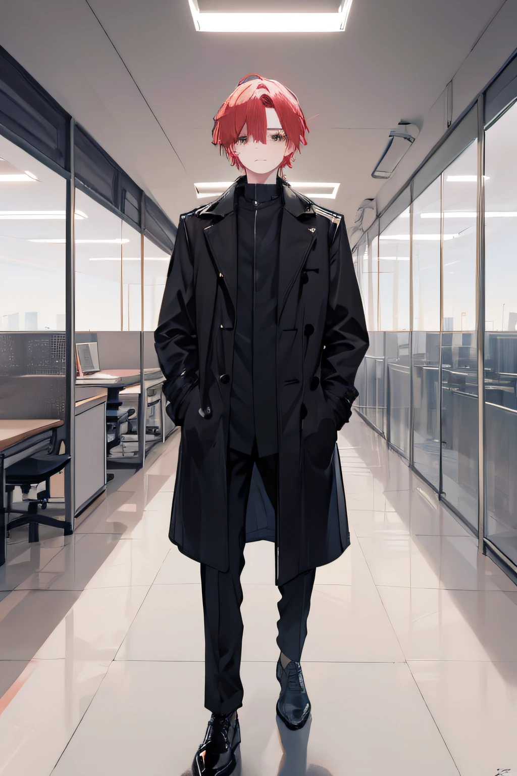 1 Boys,red tinted hair,a black trench coat,Gatling,scyscraper,office room