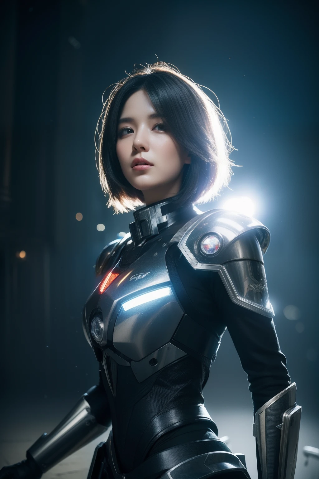best quality,masterpiece,realistic,Bokeh,1girl,cinematic_lighting,lens_flare,reality_ray_tracing,fantasyArt,Kinetic Art,cinematic,cyberpunk,DigitalArt,absurdres,incredibly_absurdres,official_style,white skin,mecha musume,cyborg,gradient hair,one side up,cathedral,8 Bit Game,Magic Vortex,cowboy_shot,adjusting gloves,
