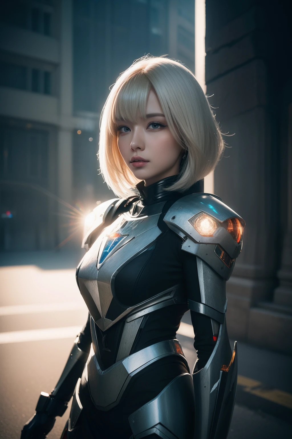 best quality,masterpiece,realistic,Bokeh,1girl,cinematic_lighting,lens_flare,reality_ray_tracing,fantasyArt,Kinetic Art,cinematic,cyberpunk,DigitalArt,absurdres,incredibly_absurdres,official_style,white skin,mecha musume,cyborg,gradient hair,one side up,cathedral,8 Bit Game,Magic Vortex,cowboy_shot,adjusting gloves,