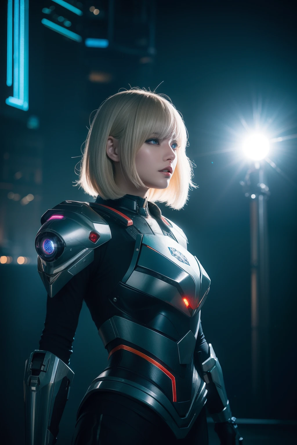 best quality,masterpiece,realistic,Bokeh,1girl,cinematic_lighting,lens_flare,reality_ray_tracing,fantasyArt,Kinetic Art,cinematic,cyberpunk,DigitalArt,absurdres,incredibly_absurdres,official_style,white skin,mecha musume,cyborg,gradient hair,one side up,cathedral,8 Bit Game,Magic Vortex,cowboy_shot,adjusting gloves,