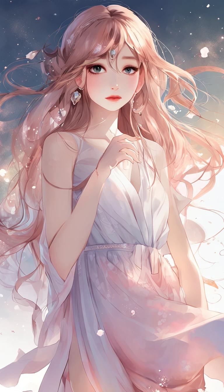 ((From Side)), ((From below)) ((Full body)), ((Realistic)), ((Agurai)), Beautiful young girl, Delicate face, Shy Expressions, low head, Sexy Goddess, Slender Leg, cold light, the night, starrysky, (Long T-shirt, One shoulder, pleatedskirt), (in pink, cyan colors, white colors), Detailed scene, beautiful digital illustrations, detaileds,ultra-detailliert, (best qualtiy,tmasterpiece)