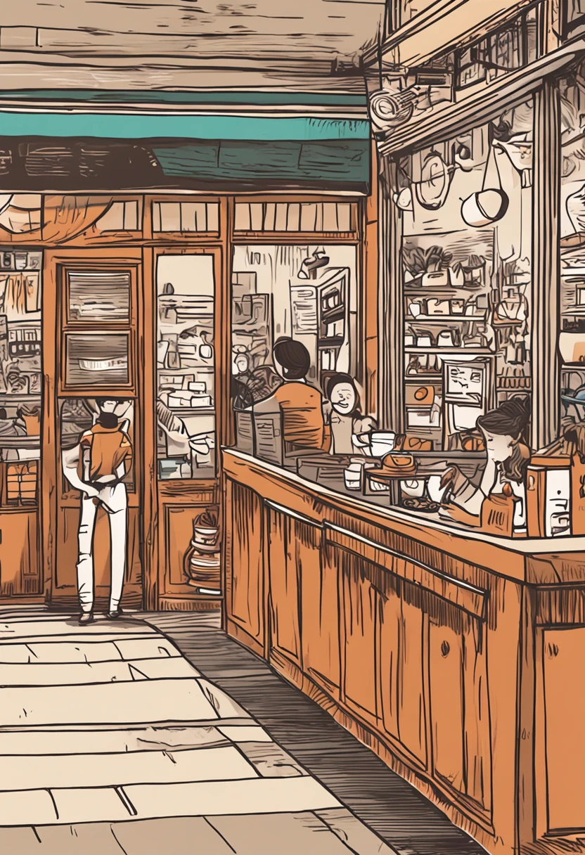 fashionable cafe、There is the warmth of wood、Friendly atmosphere、The aroma of coffee wafts in the air、illustratio、handdraw、Inside the  shop、In front of the counter、counter