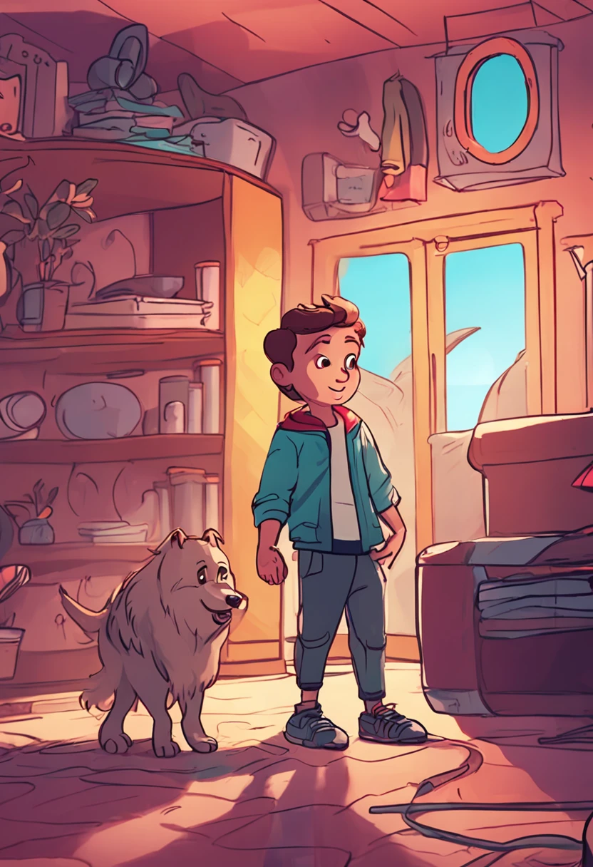 boy with dog, Cartoon Illustration, childrens book illustration, pet animal, concept art of single boy, Cartoon art, Futurism, anime style, 4K, UHD, high quality, highres, best quality, award winning, UHD, masterpiece