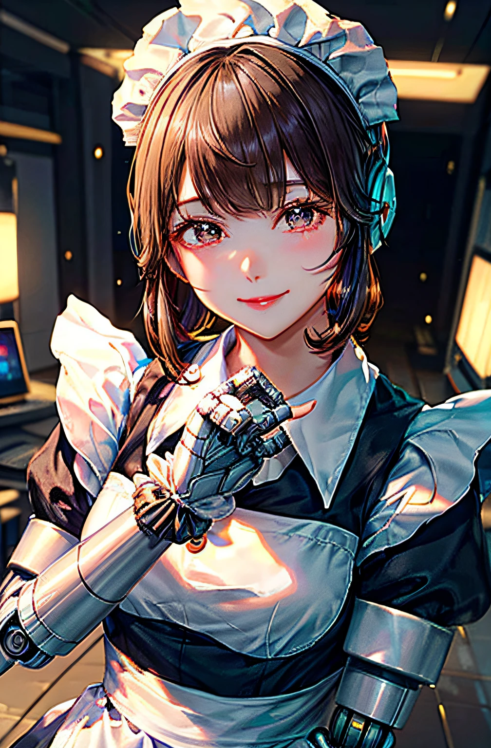 Cybernetic arm and glowing robot cyber girl,(Sheer and revealing costumes:1.3, ),(Maid robot cyber girl in fluffy maid clothes:1.3), (Robot shining behind:1.3),Powerful maid robot working in a robot factory,Glossy light brown and orange striped shorthair,Cute smile,Perfect round face,A cheerful smile that makes the viewer happy,Proper body proportion,masutepiece,Super high-quality output images,hight resolution,Intricate details,Hair fluttering in a very delicate and beautiful wind,photos realistic,Dreamy,Professional Lighting,realistic shadow,Solo Focus,Beautiful hands,Beautiful fingers,Detailed finger features,detailed clothes features,Detailed hair features,detailed facial features,
