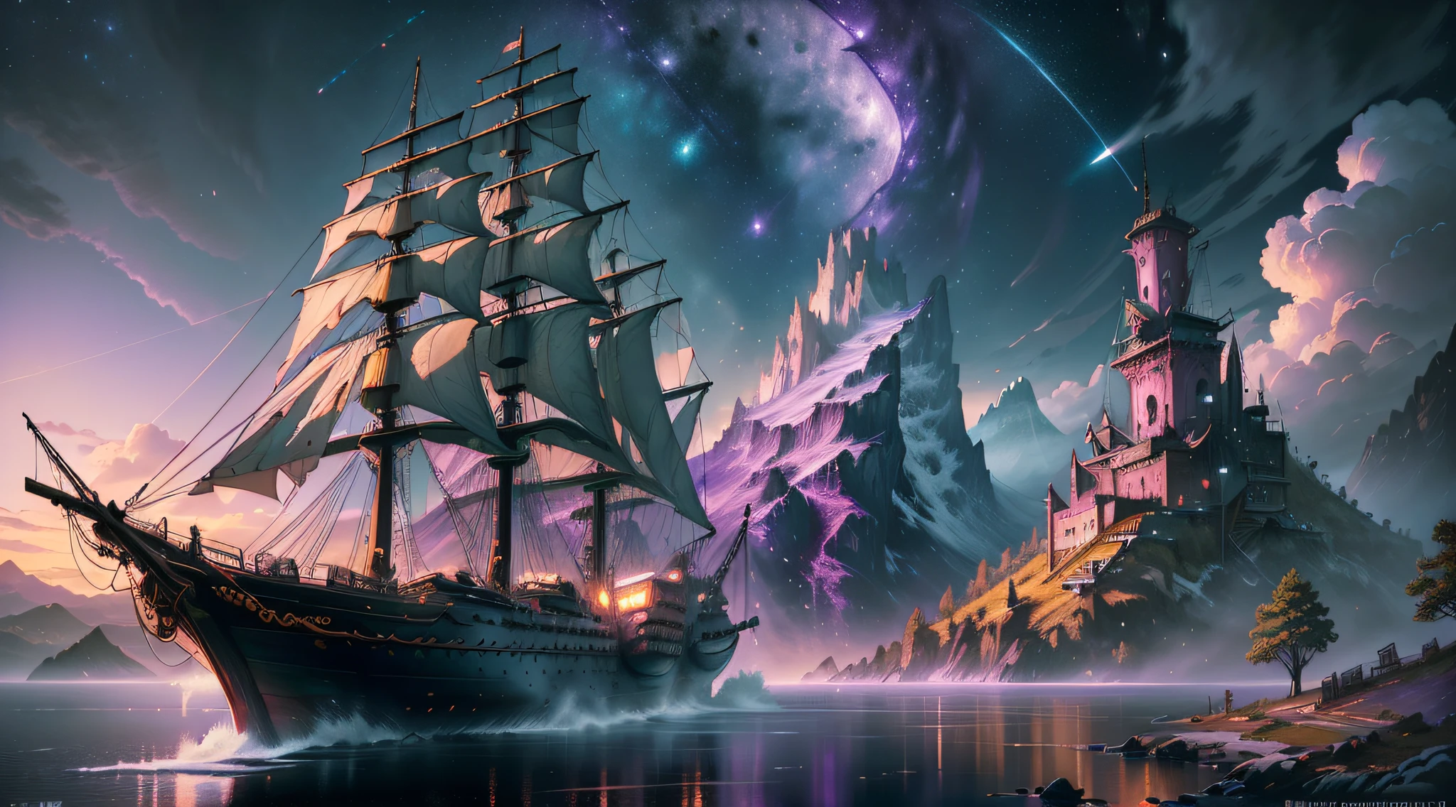 Computer VisualizationGraphics, realistic fantasy, Extensive landscape ultra photography (general view, Shows a huge wooden sailing ship, with deck, 4 Decks, Stern, Hold, + Lots of sails, + Bow, + tanks, + Stern, + 。！.!ut + deck
Horizontal Platform - Deck, fullmoon, nigh sky, Blurred background, Warm, yellow, Purple background, Pink, Warm, Magic, "ultra realistic textures," "accurate detail," "Realistic Still Life," "Realistic portraits," "realistic landscape." watercolor paiting, "Majestic mountain々," "ultra realistic textures," Banksy, Liu Bo Lin, Ansel Adams, Yoshitaka Amano Real Fantasy, Extensive landscape ultra photography, Blurred background, Cool, Turquoise hue, A little purple, airy colors, Magic, "ultra realistic textures," "accurate detail," "Realistic Still Life," "Realistic portraits," "realistic landscape." Illuminated cityscape,「starrysky," "Moonlit landscape," "Night portrait," "long exposure time." 16:9 --ar